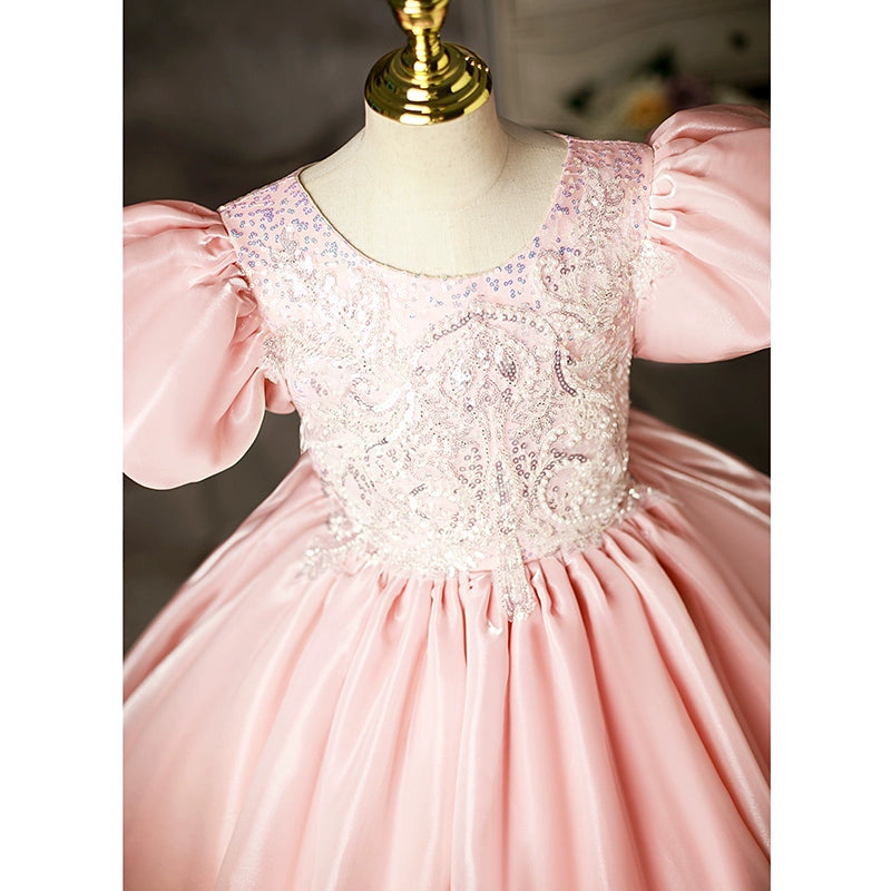 Pink Princess Scoop Floor-Length Satin Flower Girl Dress for Weddings, Pageants & Special Occasions