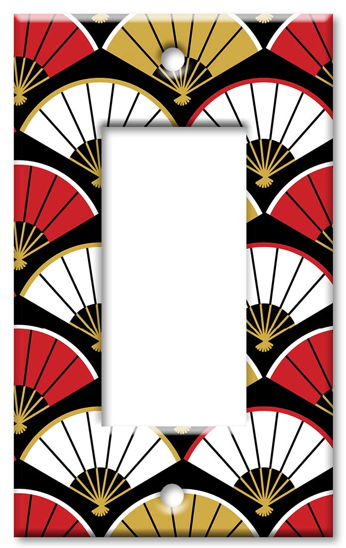 Decorative Metal Wall Plate 1 Gang Decora GFCI Outlet Cover - Red, White & Gold Fan Design - Made in USA - Perfect for Living Rooms, Bedrooms & Home Decor