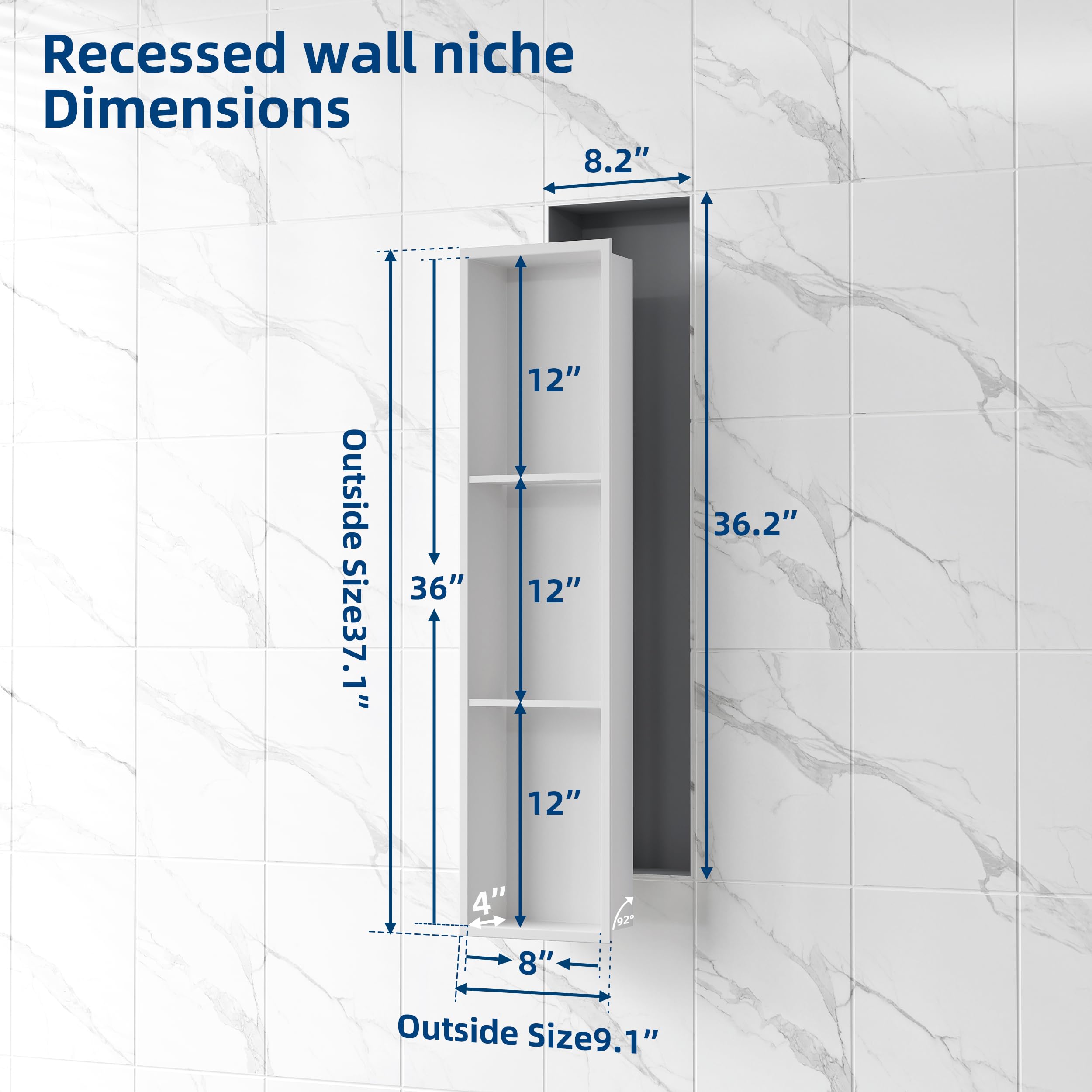 Neodrain 8X36 Inch White 3-Tier Stainless Steel Shower Niche - No Tile Required Recessed Bathroom Storage Shelf | Built-in Wall Organizer for Shampoo, Soap & Bath Essentials | Perfect for Modern Bathrooms & Spa Showers