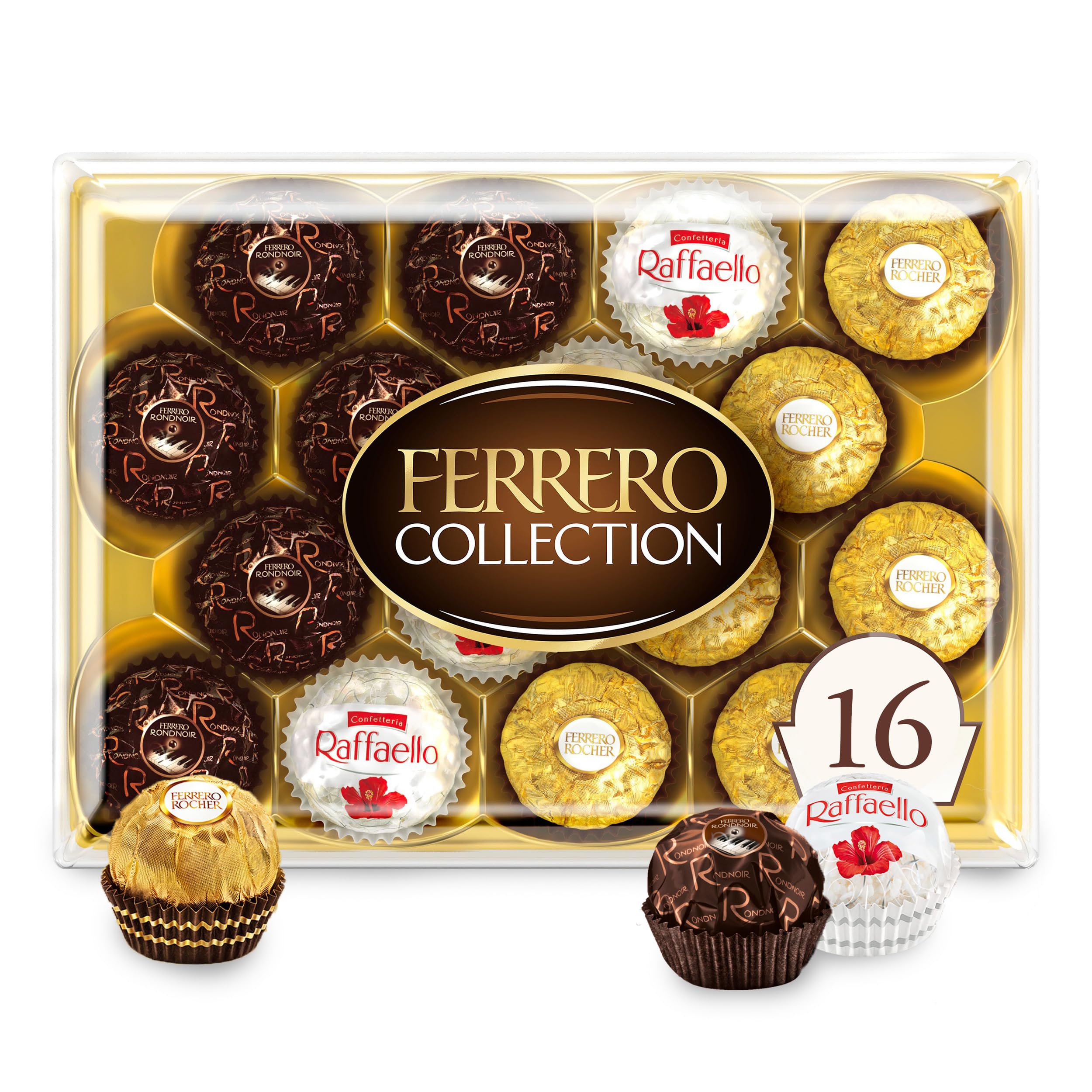 Ferrero Rocher 16 Count Gourmet Chocolate Assortment - Hazelnut Milk Chocolate, Dark Chocolate & Coconut - 6.1 oz Premium Chocolate Gift Box for Holidays, Birthdays & Special Occasions