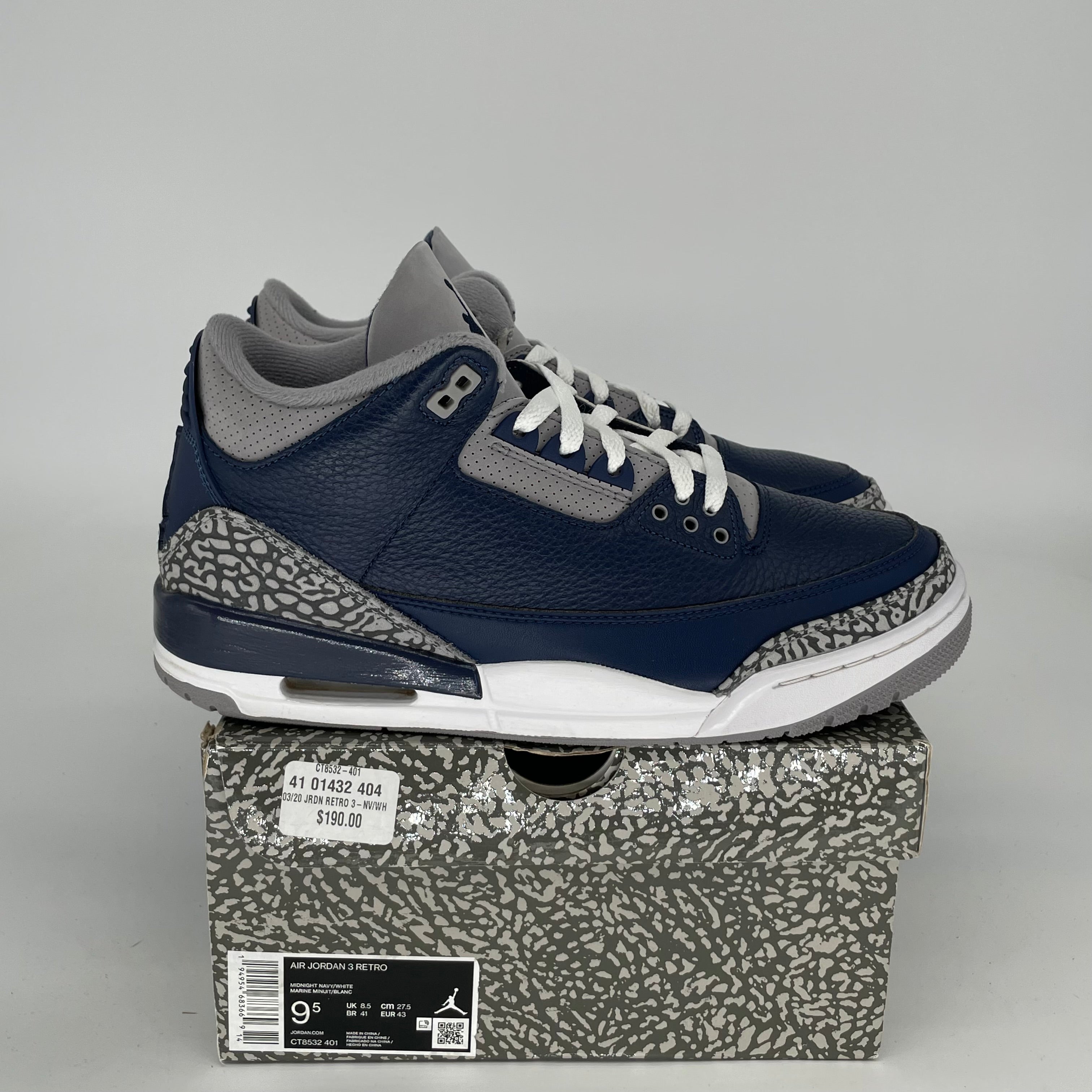 Original Air Jordan 3 Retro 'Georgetown' Men's Basketball Shoes - Size 9.5 (CT8532-410) - Classic Sneakers for Casual Wear, Street Style & Basketball Games