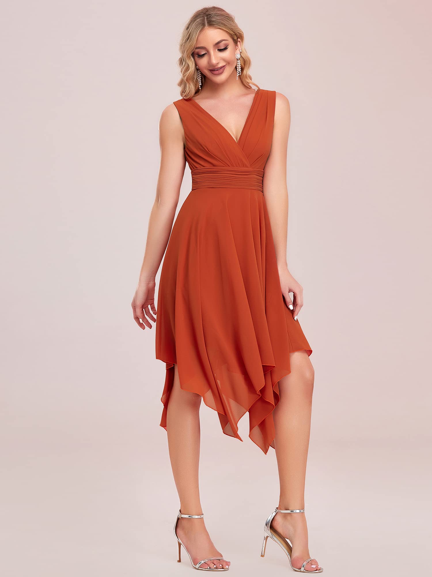 Ever-Pretty Women's Elegant V-Neck Pleated Waist Sleeveless Chiffon Cocktail Dress with Irregular Hem - Perfect for Wedding Guest, Bridal Shower, Party & Special Occasions (Style 03142)