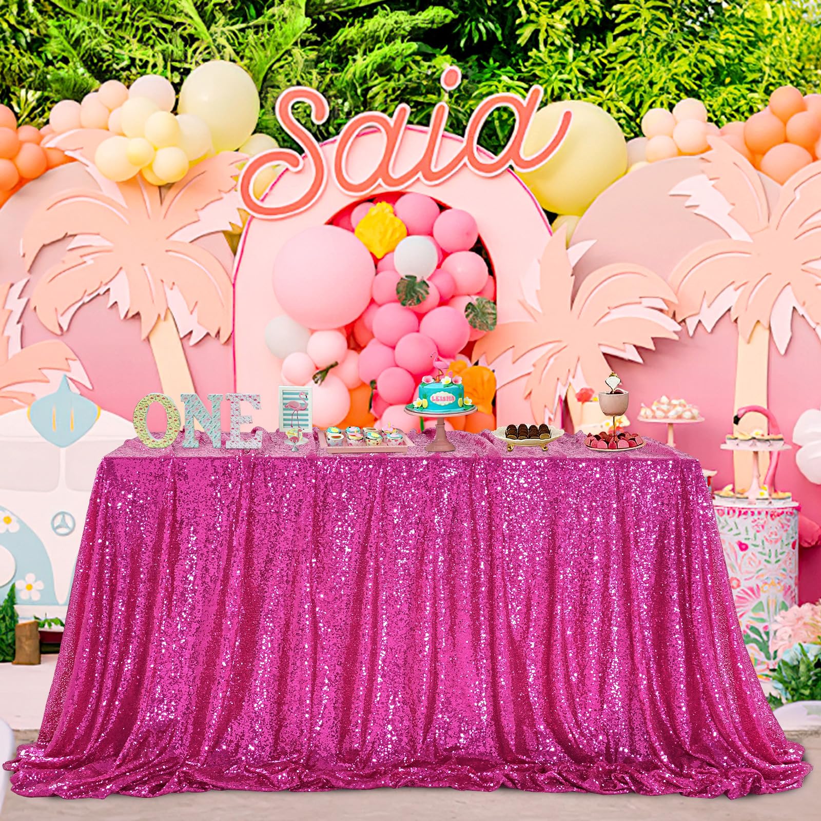 QueenDream 90 x 132 Inch Rectangular Sequin Tablecloth - Sparkly Fuchsia Table Cover for Outdoor Patio, Spring Party, Wedding & Baby Shower Decorations | Waterproof & Wrinkle-Resistant Dining Table Cloth for Home & Event Decor