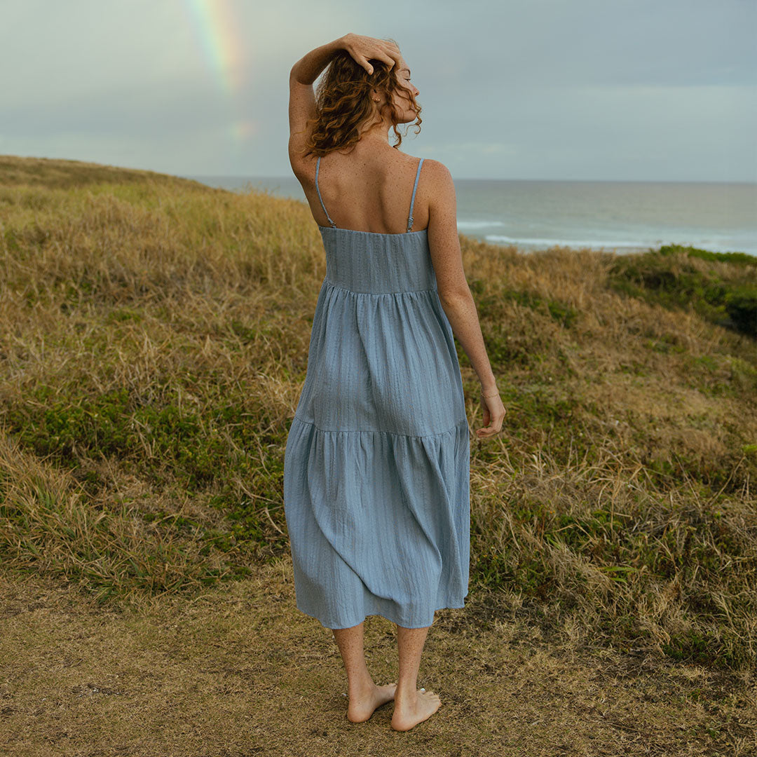 Elegant Cabo Midi Dress in Dusk Blue - Perfect for Beach Vacations, Summer Parties & Casual Outings