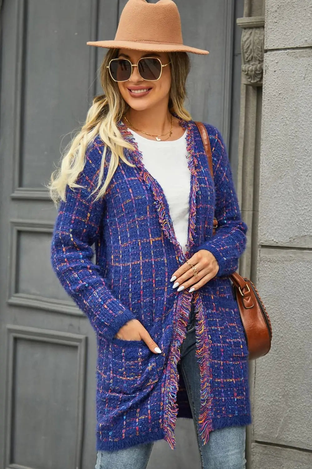 Stylish Plaid Fringe Trim Open Front Longline Cardigan for Women - Perfect for Fall Layering, Casual Outfits & Boho Fashion