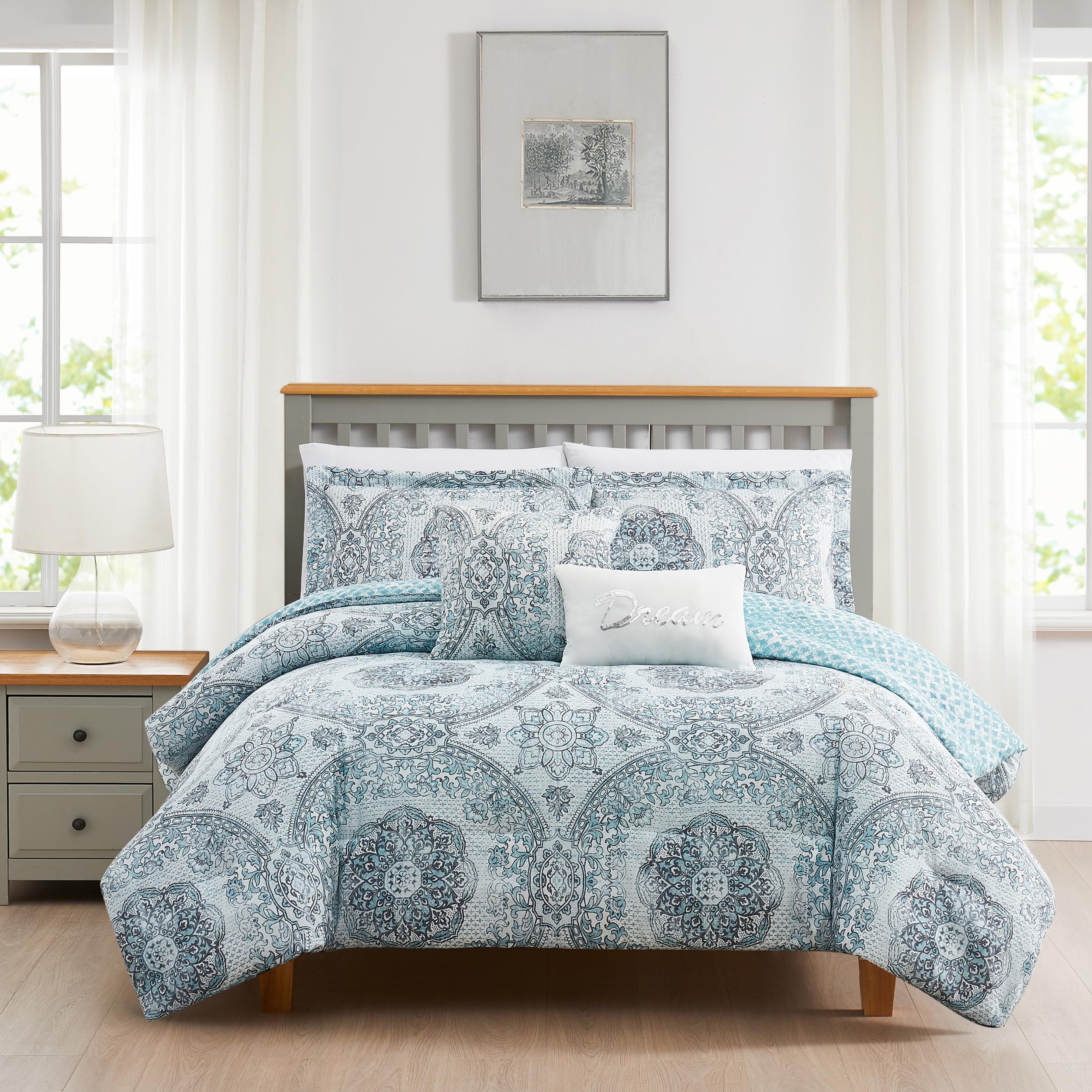 Boho Living Queen Comforter Set - 5 Piece Picadilly Bedding with Reversible Comforter, 2 Decorative Pillows & 2 Pillow Shams | 100% Polyester Microfiber | Blue & Gray Bedroom Décor for Cozy Boho Style Bedroom