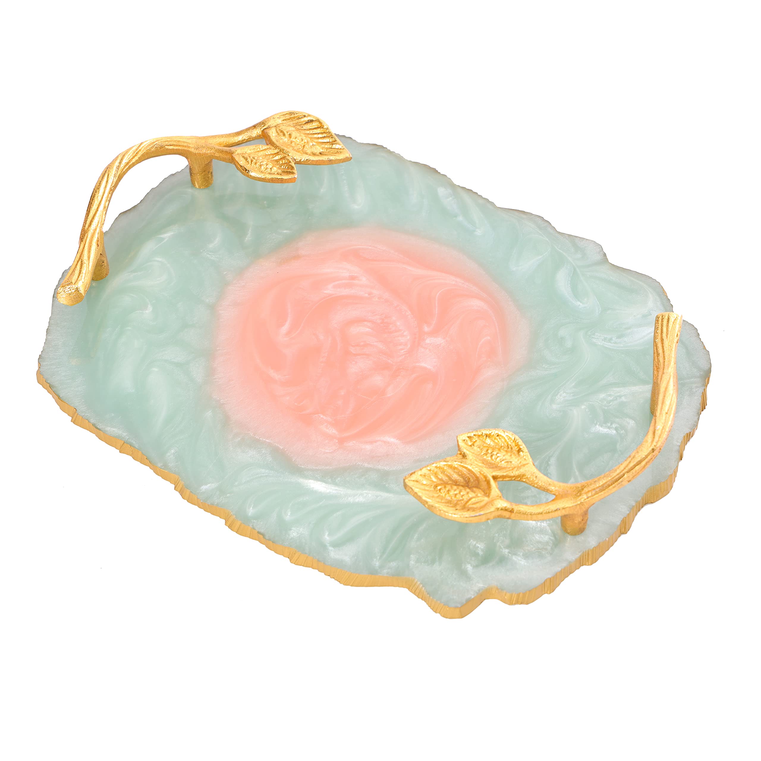 DULI Resin Serving Tray with Golden Handle - Water & Heat Resistant Multipurpose Tray for Dining Table, Coffee Table, and Home Decor - Elegant Aqua-Pink Showpiece Tray for Parties, Breakfast in Bed, and Gift Giving