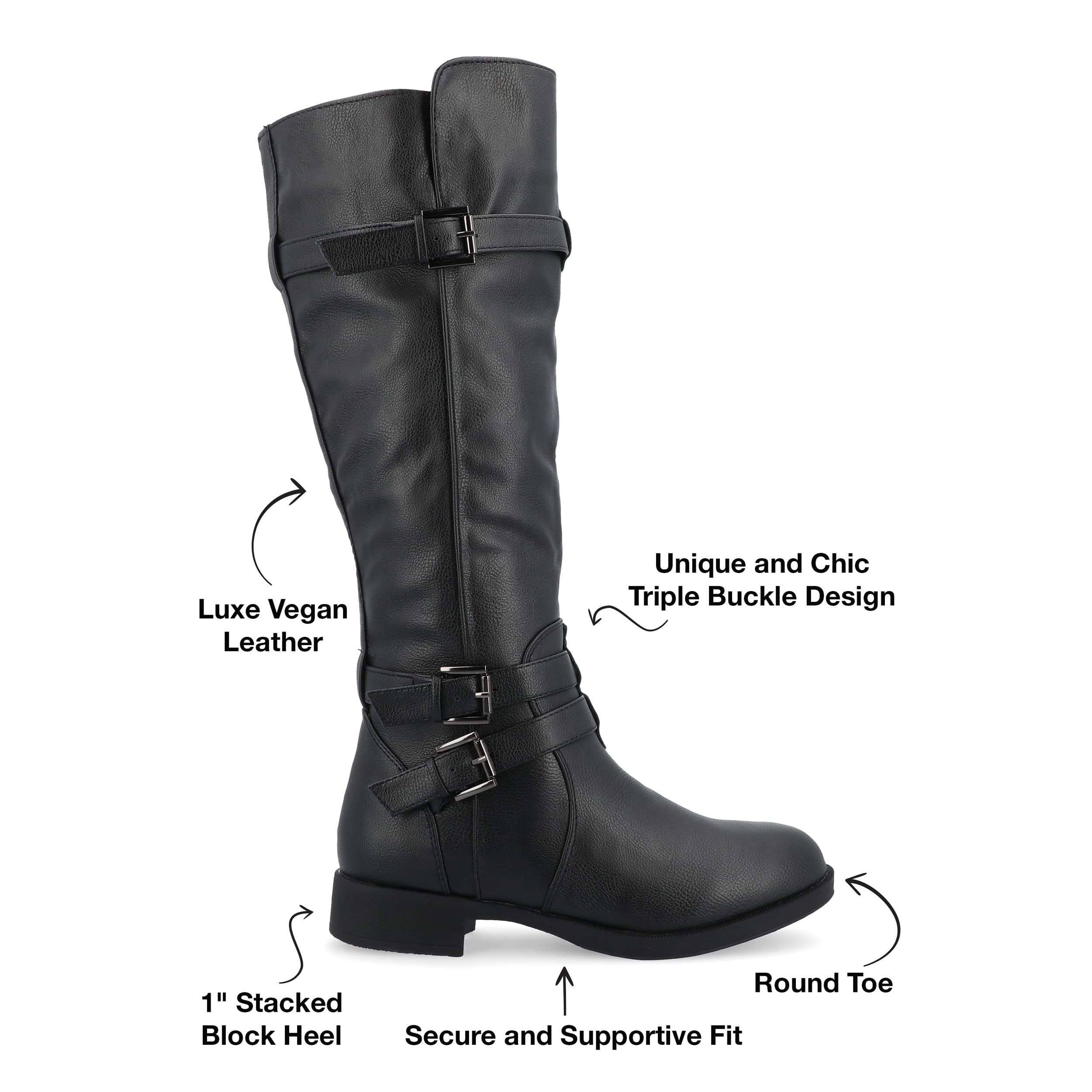Journee Women's Bite Stacked Heel Riding Boots - Stylish & Comfortable Knee-High Boots for Fall & Winter Fashion | Perfect for Casual Outfits, Office Wear & Outdoor Activities