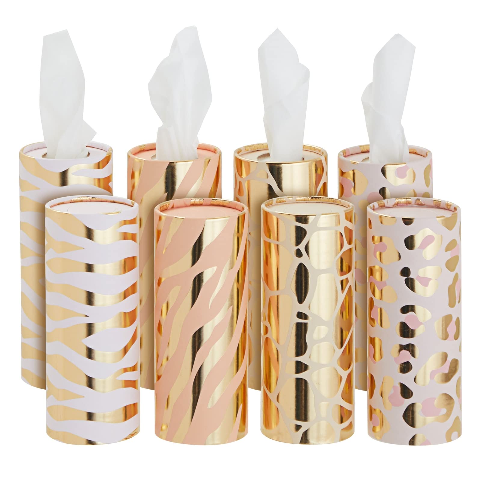 Zodaca 8-Pack Round Car Tissue Box Holders - Travel Size Refillable Cylinder with 4 Animal Print Designs (50 Tissues Each) - Perfect for Road Trips, Commuting & Travel Accessories