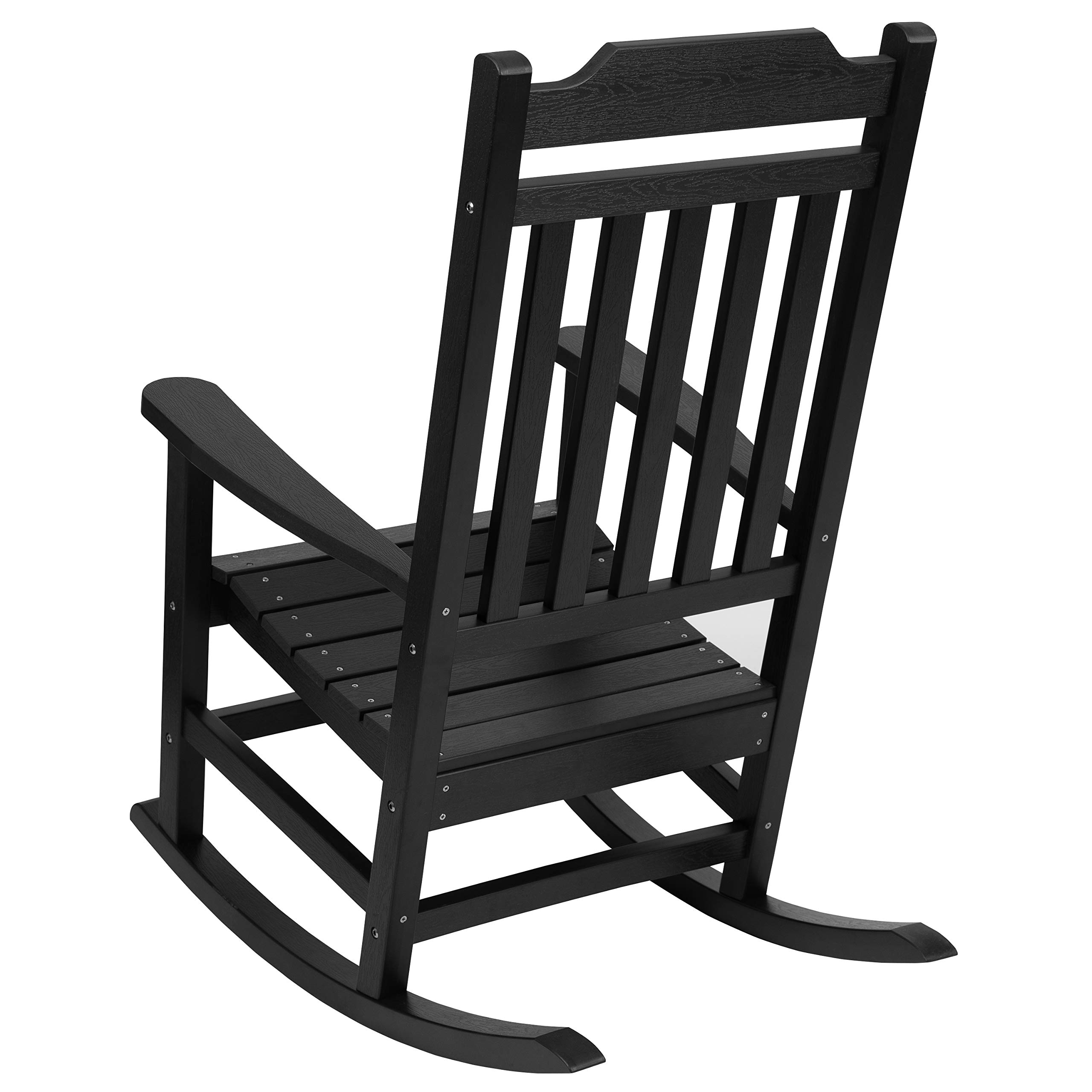 EMMA + OLIVER Set of 2 All-Weather Rocking Chairs - Black Poly Resin Faux Wood Outdoor Furniture for Patio, Garden, Deck & Backyard Relaxation