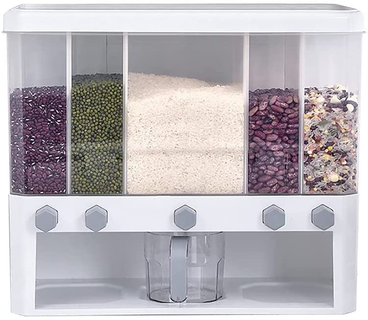 WzYpds 5-Grid Multigrain Storage Tank - Dry Food Dispenser with Detachable Cup & Movable Partitions | Cereal, Grains & Pantry Organization Container for Home Kitchen | Perfect for Countertop, Pantry & Bulk Food Storage