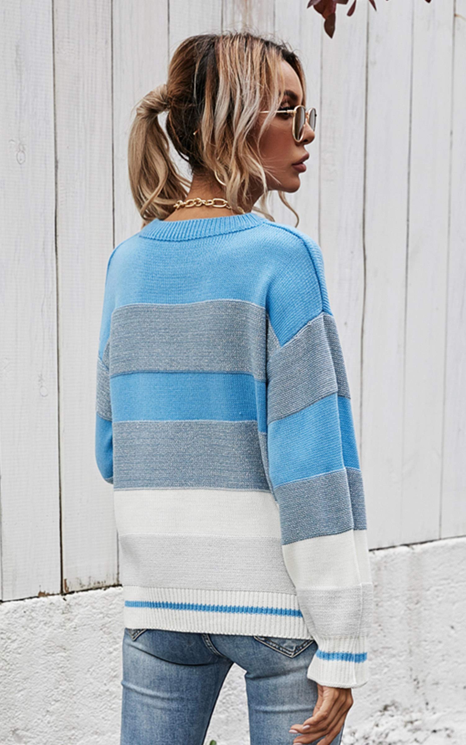 Angashion Women's Casual Long Sleeve Color Block Patchwork Knit Sweater - Soft Crewneck Pullover for Fall & Winter, Perfect for Office, Dating and Weekend Outfits