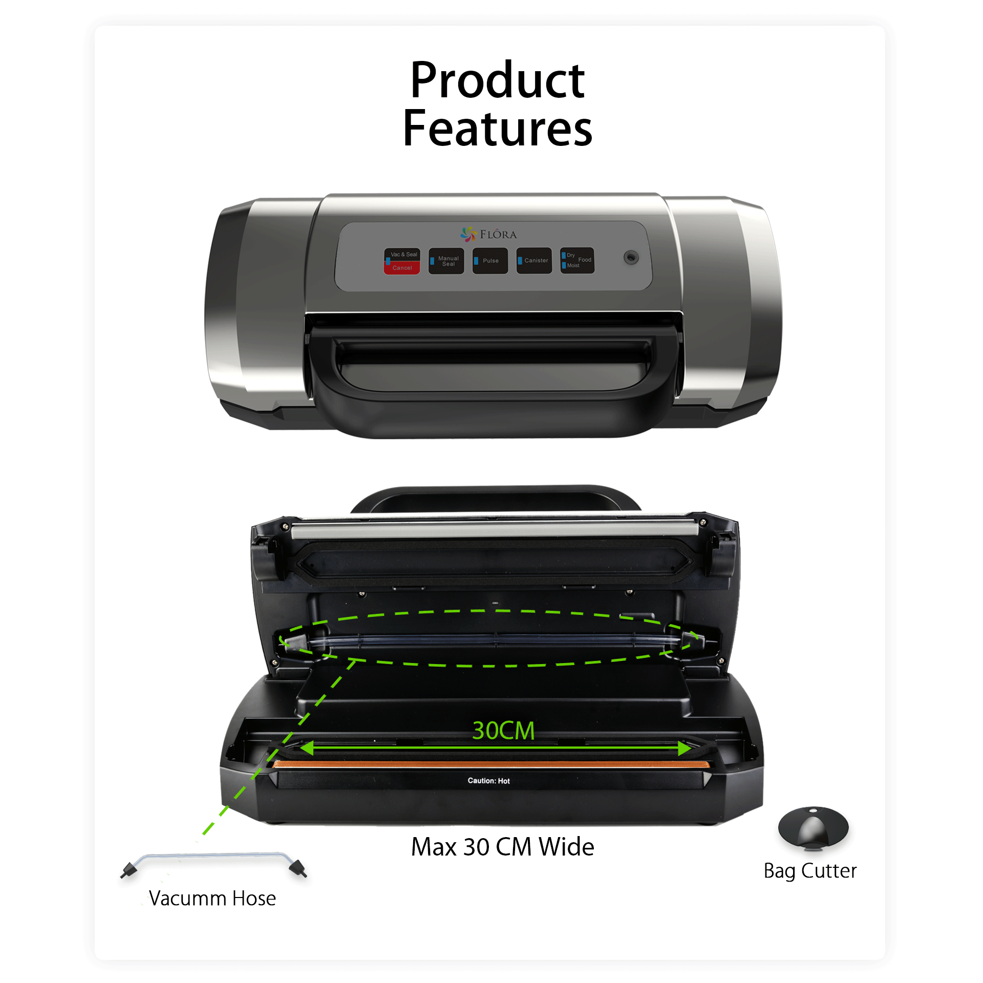 Flora Food Vacuum Sealer Machine - Commercial Grade 110W 80Kpa for Fresh Meat, Vegetables & Meal Prep | Model FL-FVS-2688 | Perfect for Home Kitchen, Restaurant & Food Storage | AU Stock