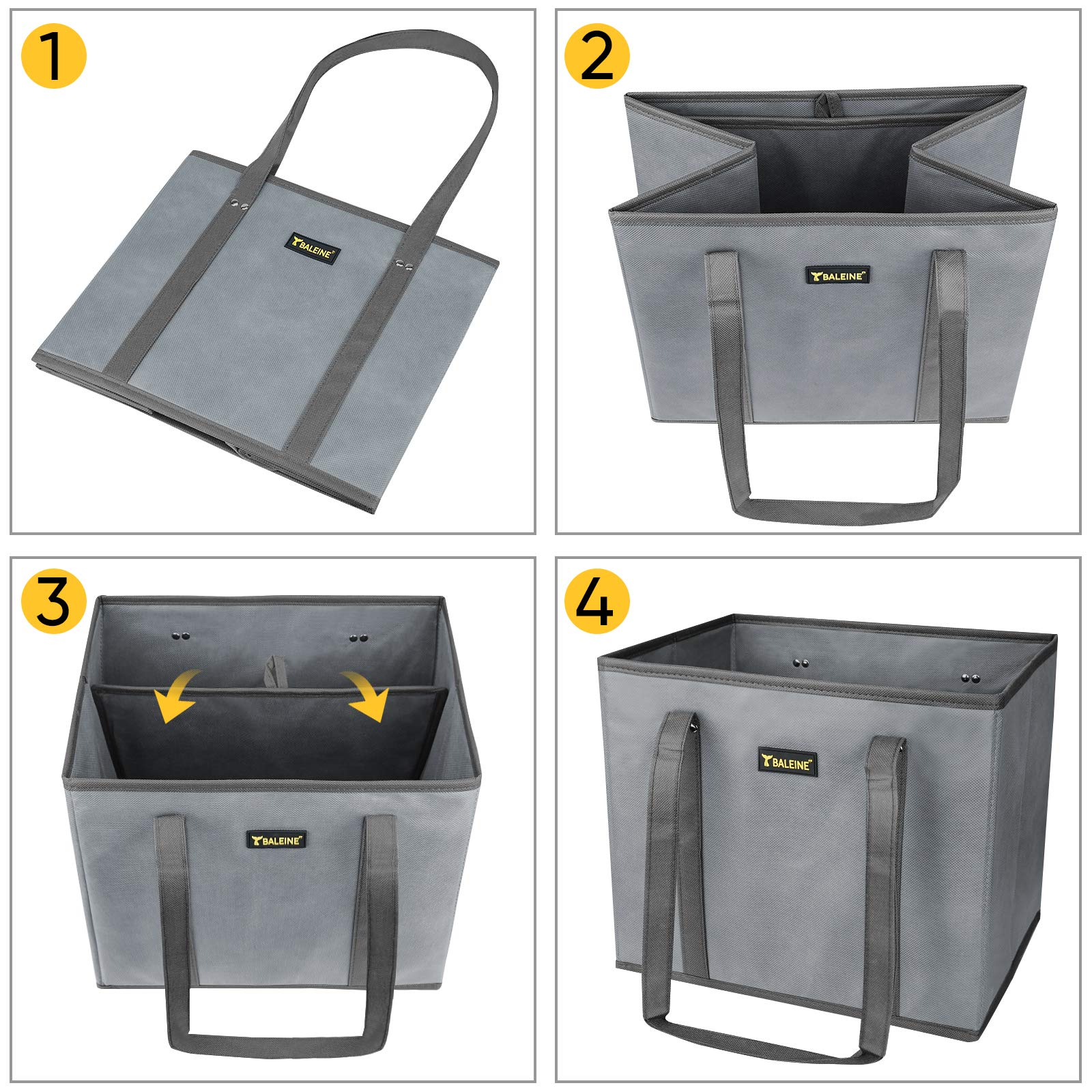 BALEINE 3-Pack Reusable Grocery Bags - Foldable Shopping Tote with Reinforced Bottom & Sturdy Handles (Gray) | Eco-Friendly Grocery Haul, Farmers Market & Retail Shopping Bags