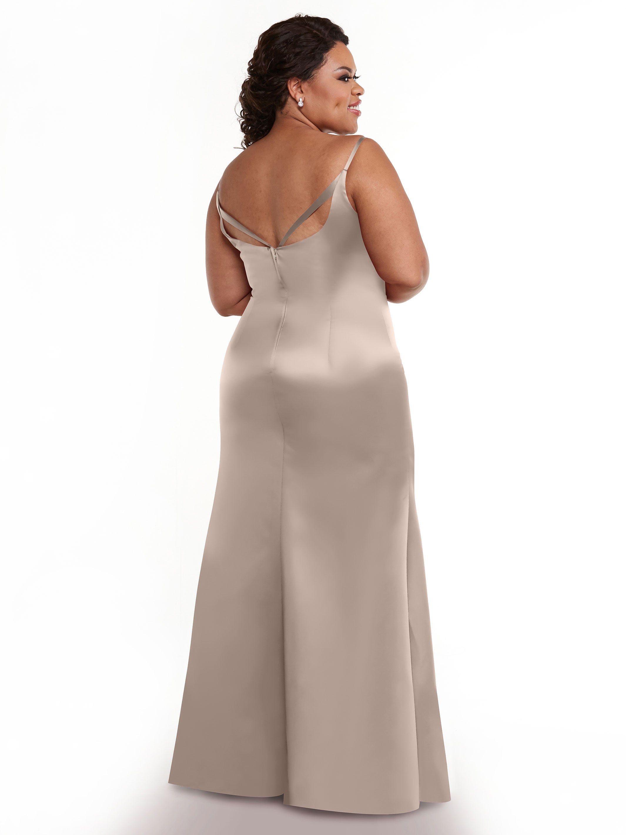 Elegant 80132 Fit and Flare Satin Bridesmaid Dress with Thigh High Slit - Perfect for Weddings, Proms, and Formal Events
