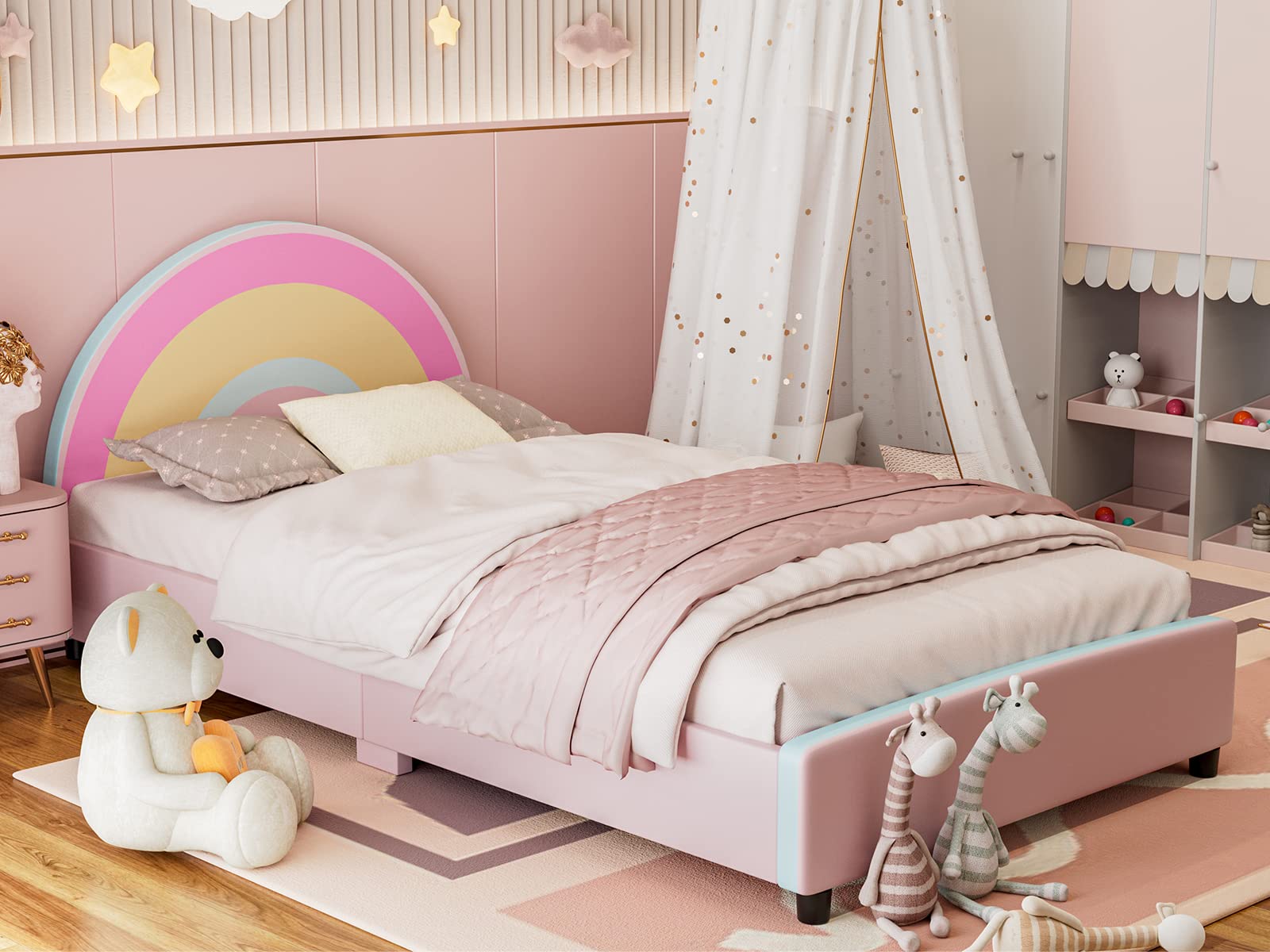 IKIFLY Twin Size Bed Frame for Girls - Princess Themed Upholstered Platform Bed with Rainbow Headboard, Solid Wood Slats, No Box Spring Required (Pink) | Perfect for Kids' Bedroom, Princess Room Decor & Sleepovers
