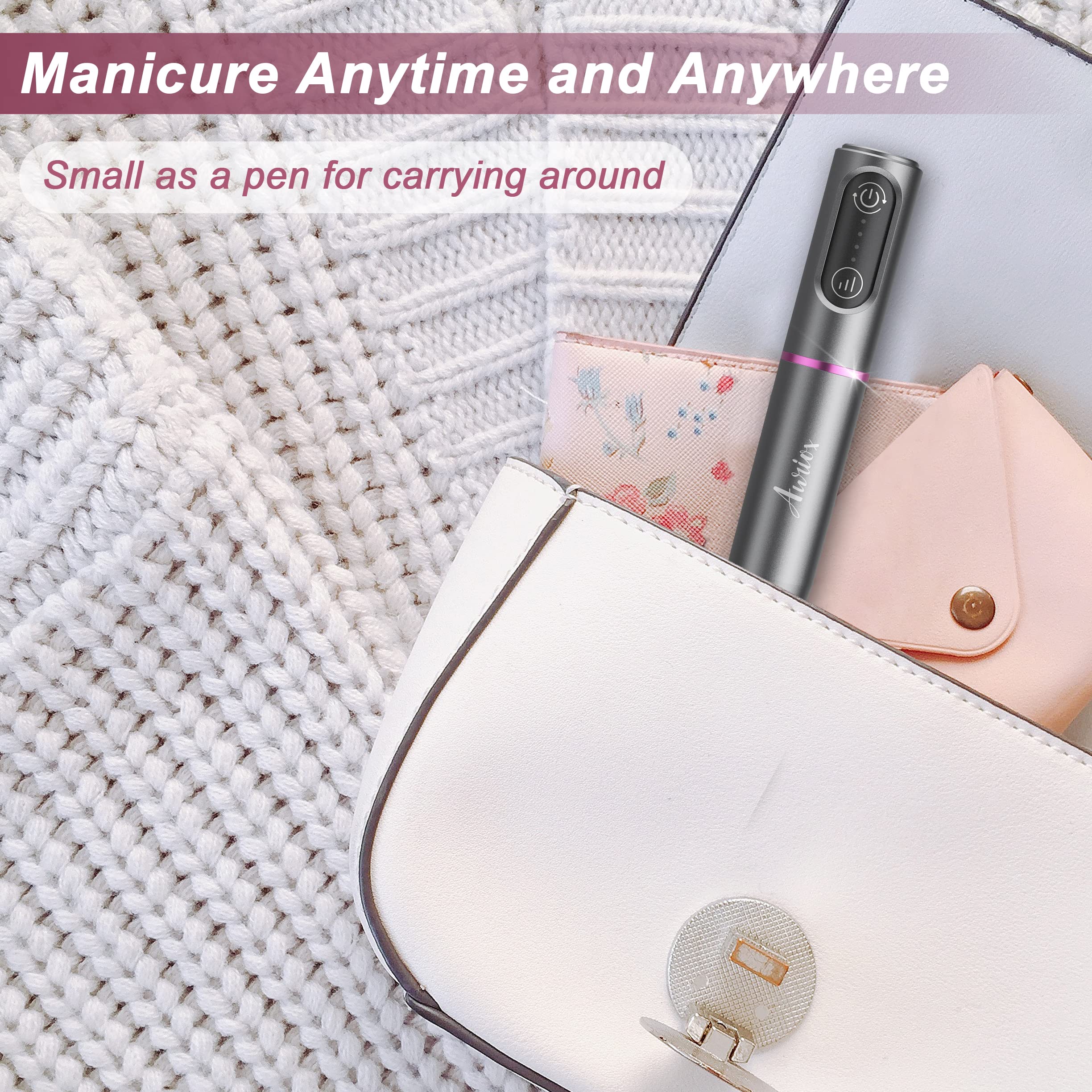 Auriox Professional Cordless Electric Nail Drill & File Kit - Rechargeable Portable Manicure Pedicure Tool with Ceramic Bit for Acrylic, Gel & Natural Nails (Gray) | Perfect for Home Salon & Nail Art Enthusiasts
