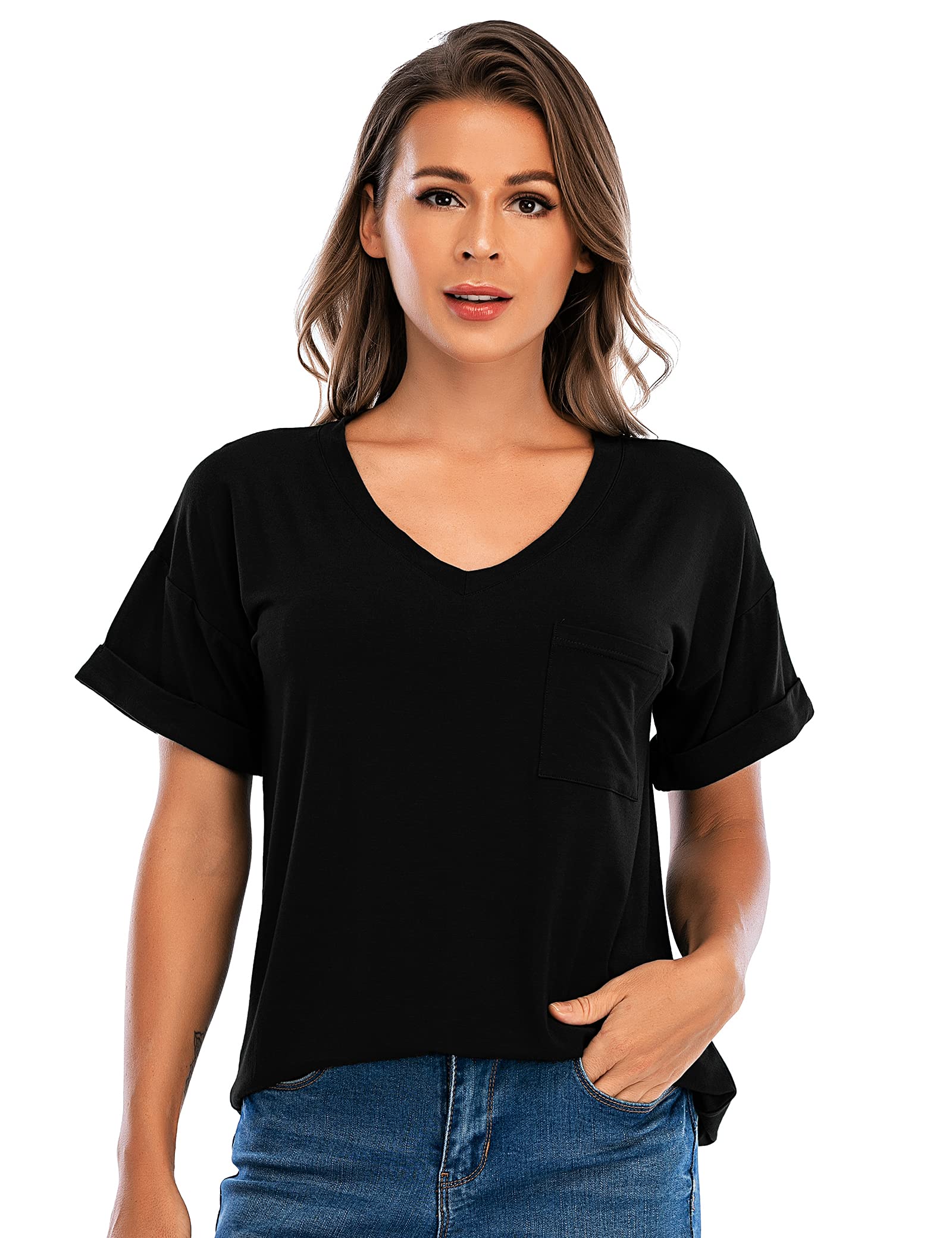 MSHING Women's Casual Short Sleeve V-Neck T-Shirt - Loose Fit Basic Tee for Summer | Cute & Comfortable Everyday Wear | Perfect for Outings, Beach, and Relaxing at Home