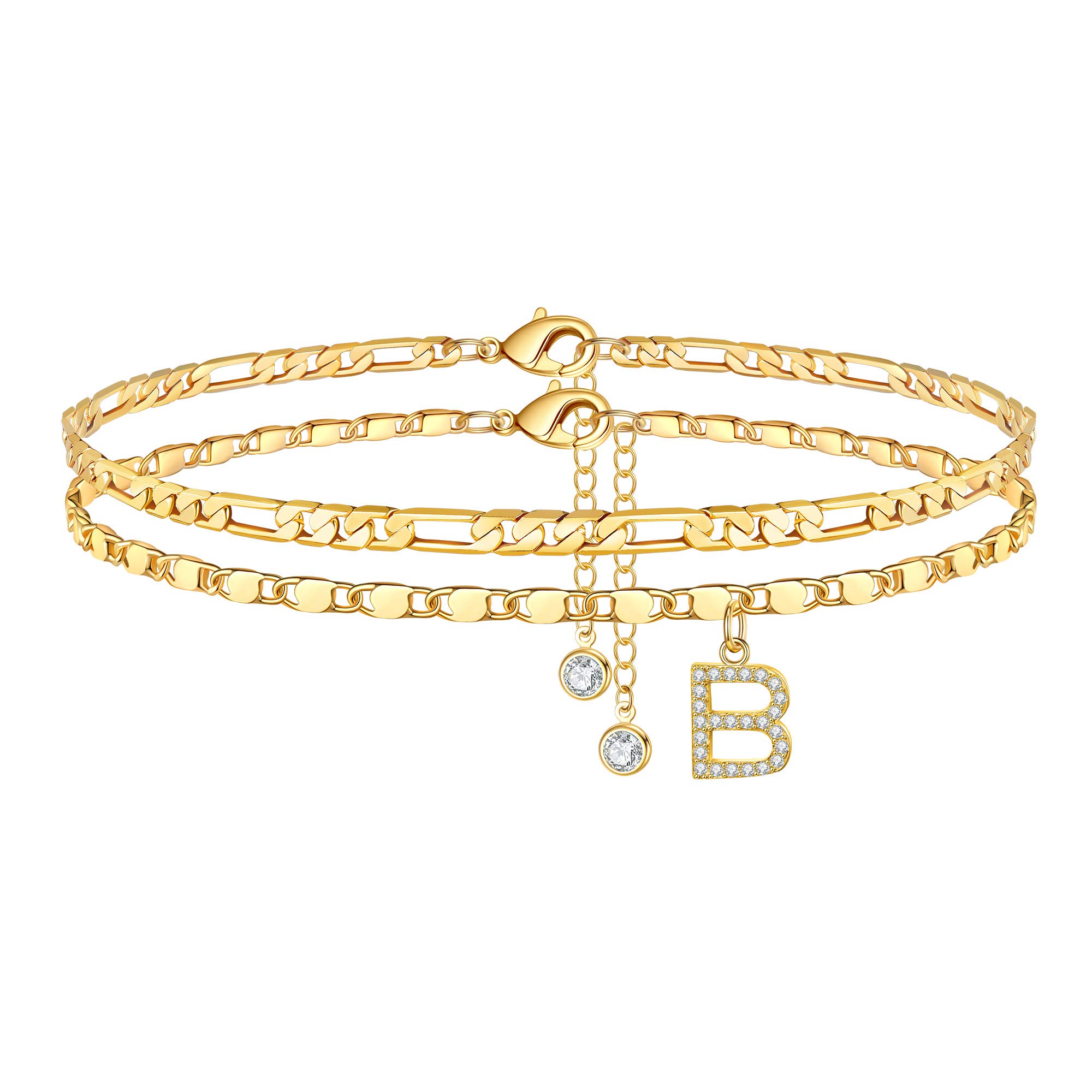 14K Gold Plated Dainty Ankle Bracelets for Women - CZ Initial Layered Chain Anklet Set | Summer Jewelry Gifts for Her | Perfect for Beach Vacations, Date Nights & Everyday Wear