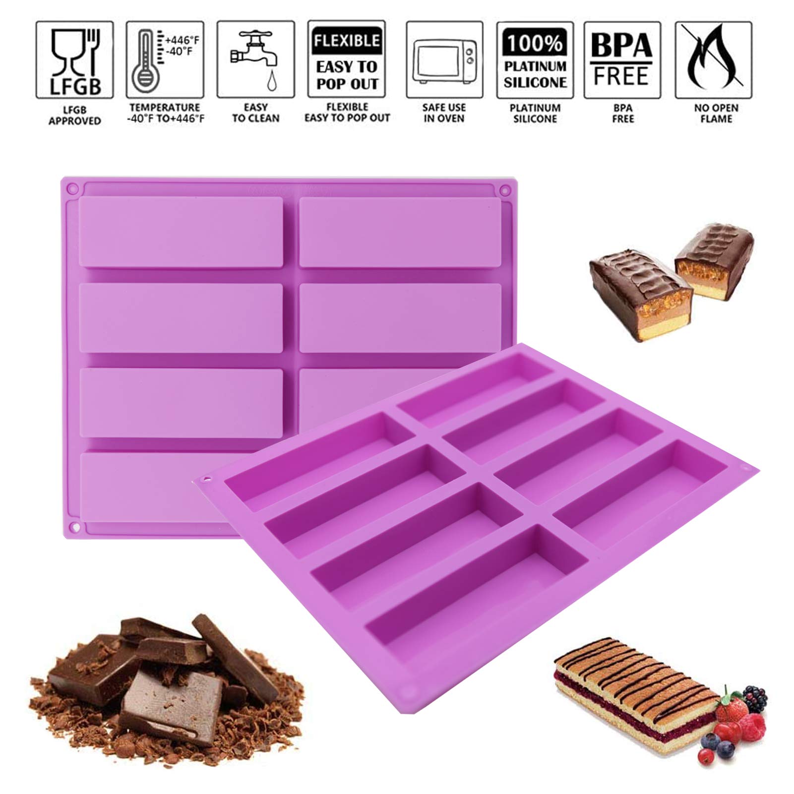 2PCS Rectangle Granola Silicone Molds - Cereal & Energy Bar Maker for Chocolate Truffles, Bread, Brownie, Cheesecake & Cornbread - BPA-Free Baking Tools for Homemade Snacks & Party Treats (Purple)