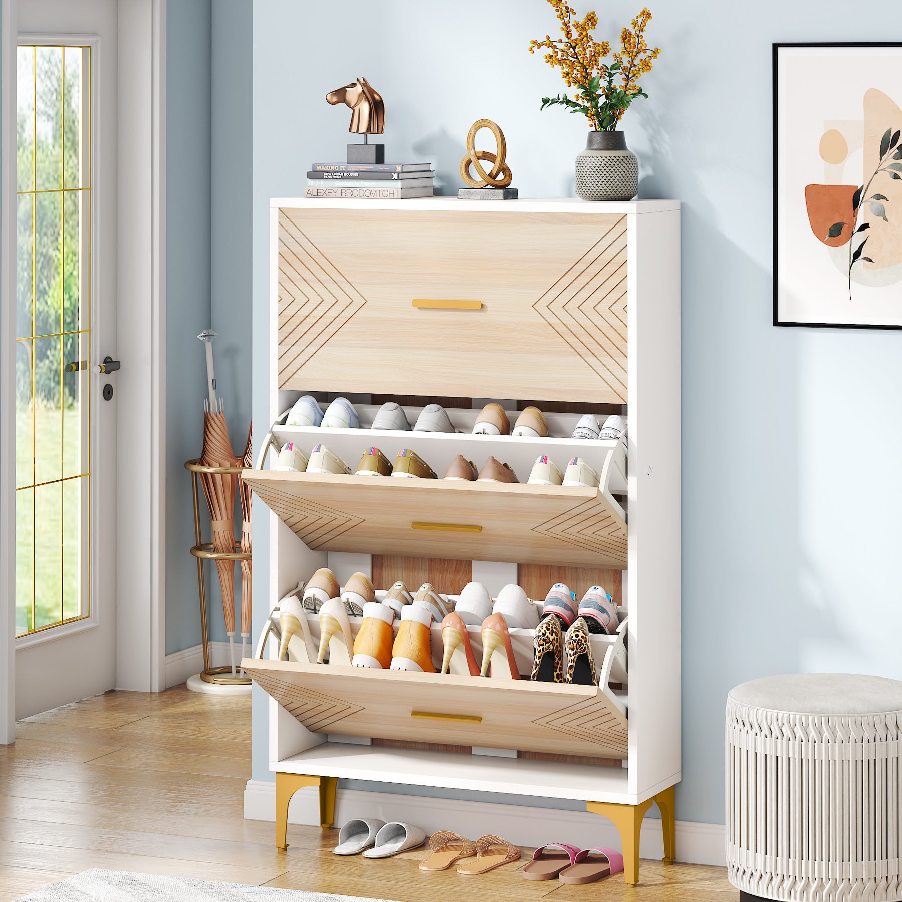 Slim Shoe Cabinet with 3 Flip Drawers - Space Saving Hidden Shoe Rack Organizer for Entryway, Closet & Bedroom Storage