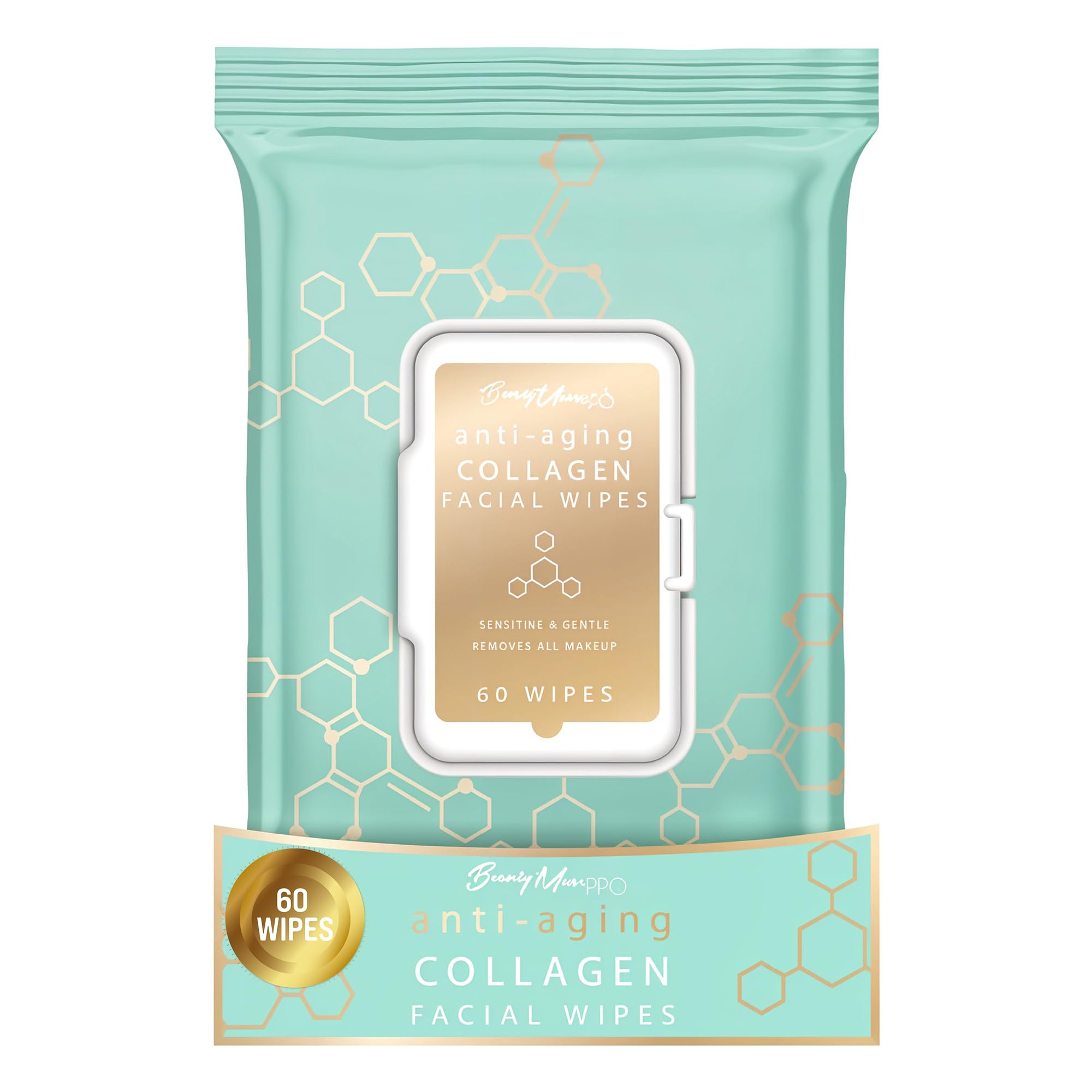 BEAUTY MUSE Anti-Aging Collagen Facial Makeup Wipes - Gentle Makeup Remover for Sensitive Skin - 60 Count - Hypoallergenic & Dermatologist Tested - Perfect for Travel, Gym & Nightly Skincare Routine