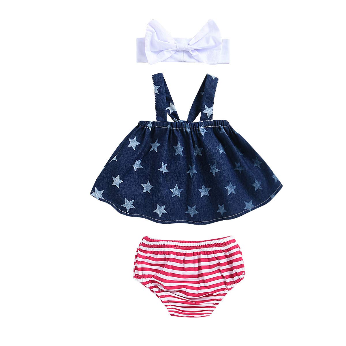 Adorable American Flag Baby Girl Outfits - Denim Top & Striped Shorts with Bow Headband 3-Piece Set | Perfect for 4th of July, Photo Shoots & Toddler Fashion