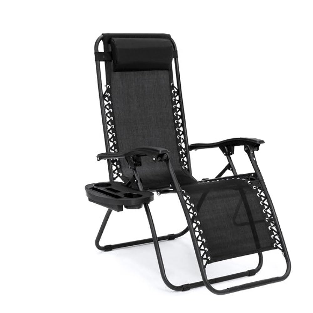 EZONE Zero Gravity Lounge Chair - Adjustable Reclining Outdoor Patio Chair with Steel Mesh & Cup Holder - Foldable Beach Pool Camping Recliner with Pillow - Perfect for Backyard, Deck, Garden Relaxation (Black)