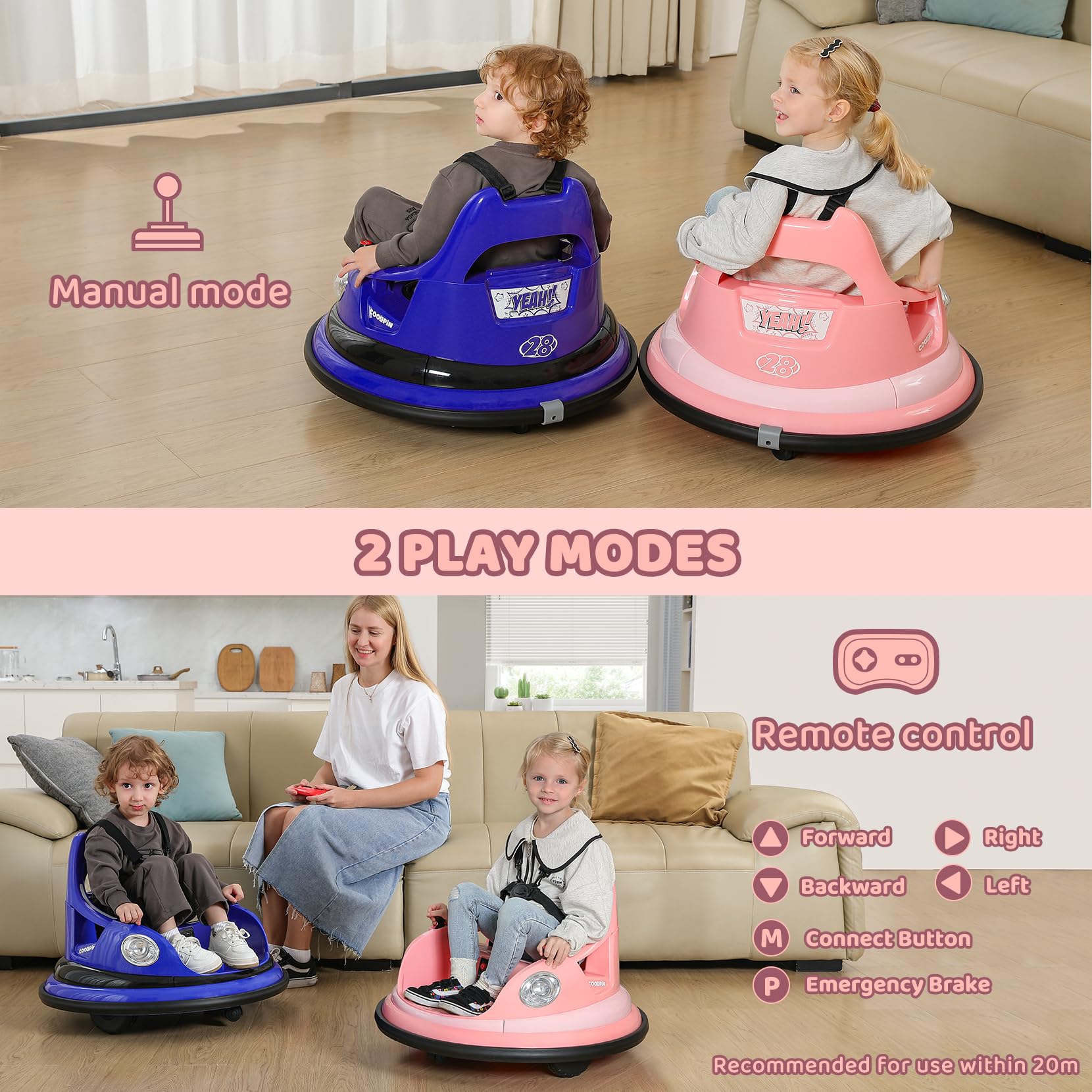 ELEMARA 12V Kids Bumper Car with Remote Control - 1.9mph Max Speed, 2-Speed Modes, 360° Spin & Bluetooth - Toddler Ride-On Toy with LED Lights & DIY Stickers (Pink) - Perfect for Indoor Playrooms, Birthday Gifts, and Family Fun Activities