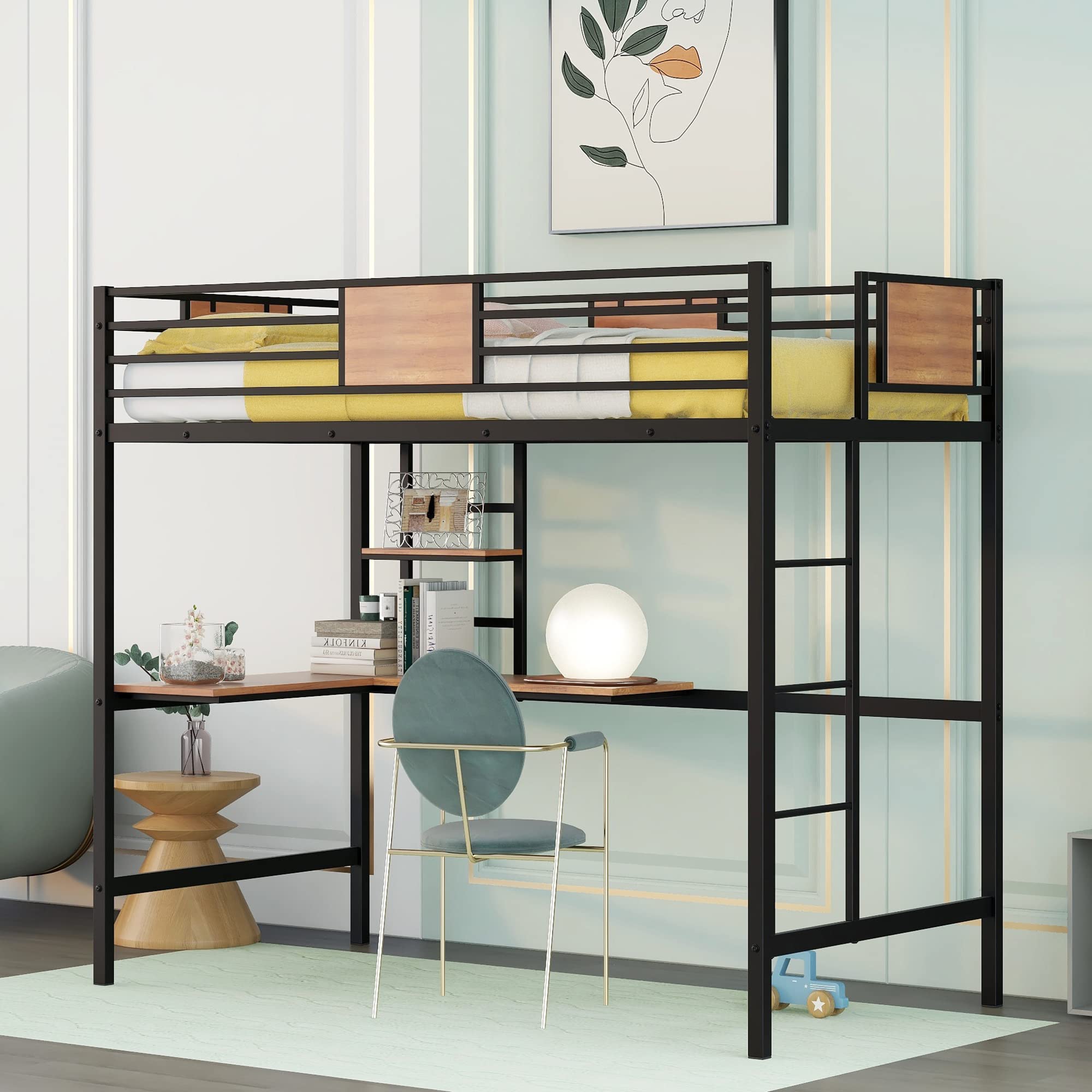 Twin Size Metal Loft Bed with Desk & Storage Shelves - Sturdy Black Frame for Kids & Teens - Perfect for Small Bedrooms, Dorms & Space-Saving Solutions