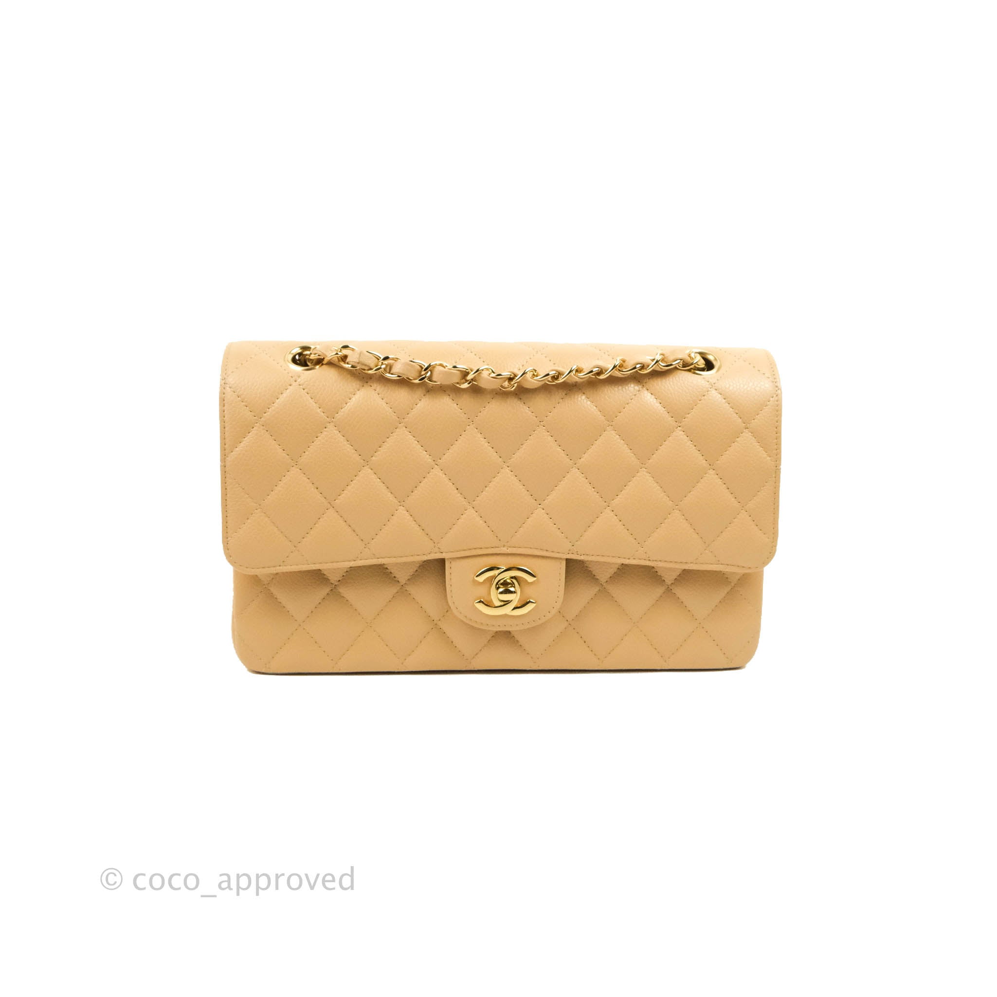 Chanel Classic Medium Flap Bag Quilted Beige Caviar Leather with Gold Hardware - Luxury Designer Handbag for Women, Perfect for Work, Party & Everyday Use