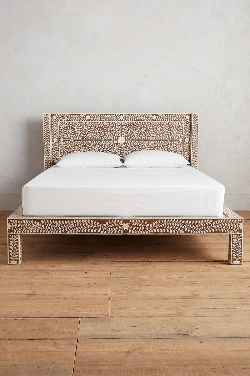 Handmade Bone Inlay King/Queen Size Platform Bed with Upholstered Headboard - Luxury Bedroom Furniture for Master Suite & Guest Room Decor