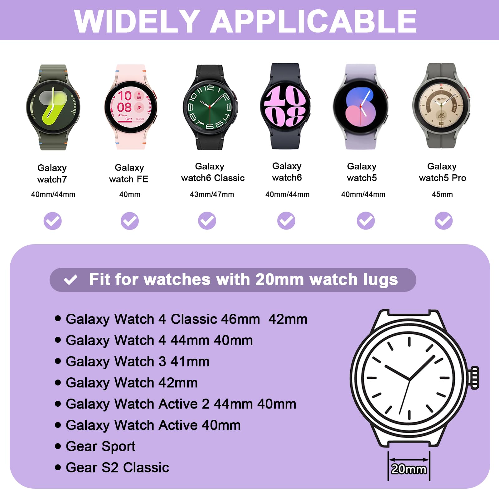 Premium Galaxy Watch 7 Band for Women - Lightweight Silicone Watch Strap Compatible with Galaxy Watch 4/5/6/6 Classic/5 Pro/FE - Soft Comfortable Wristband for Workouts, Running & Everyday Wear