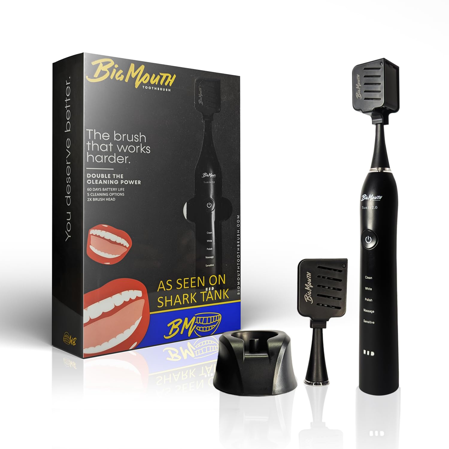 Big Mouth Electric Toothbrush 2.0 Sonic (Black) - Premium Quality Rechargeable Toothbrush for Adults with 4 Brush Heads | Deep Cleaning, Whitening & Gum Care | Perfect for Travel, Home & Office Use