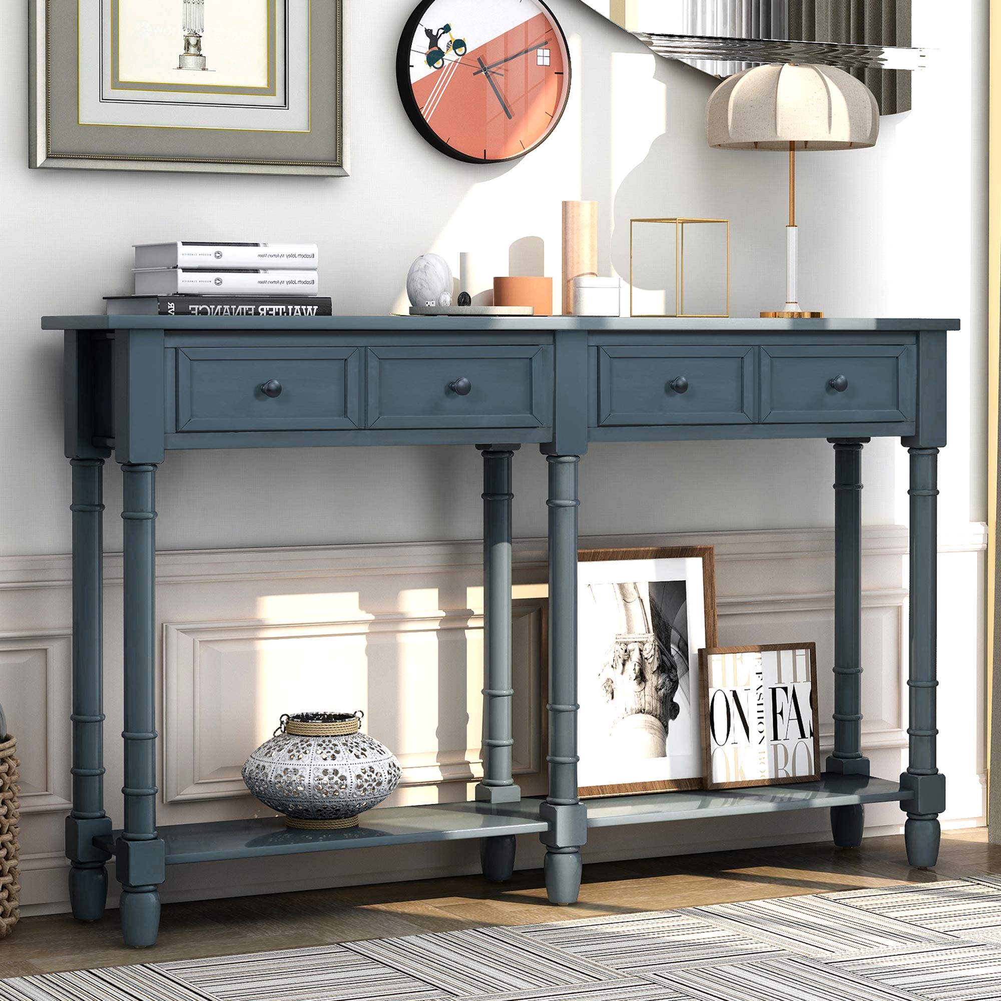 Vintage Retro Console Table with Drawers & Shelf - Entryway Sofa Table for Living Room, Hallway & Bedroom - Antique Navy Wooden Accent Furniture for Home Decor