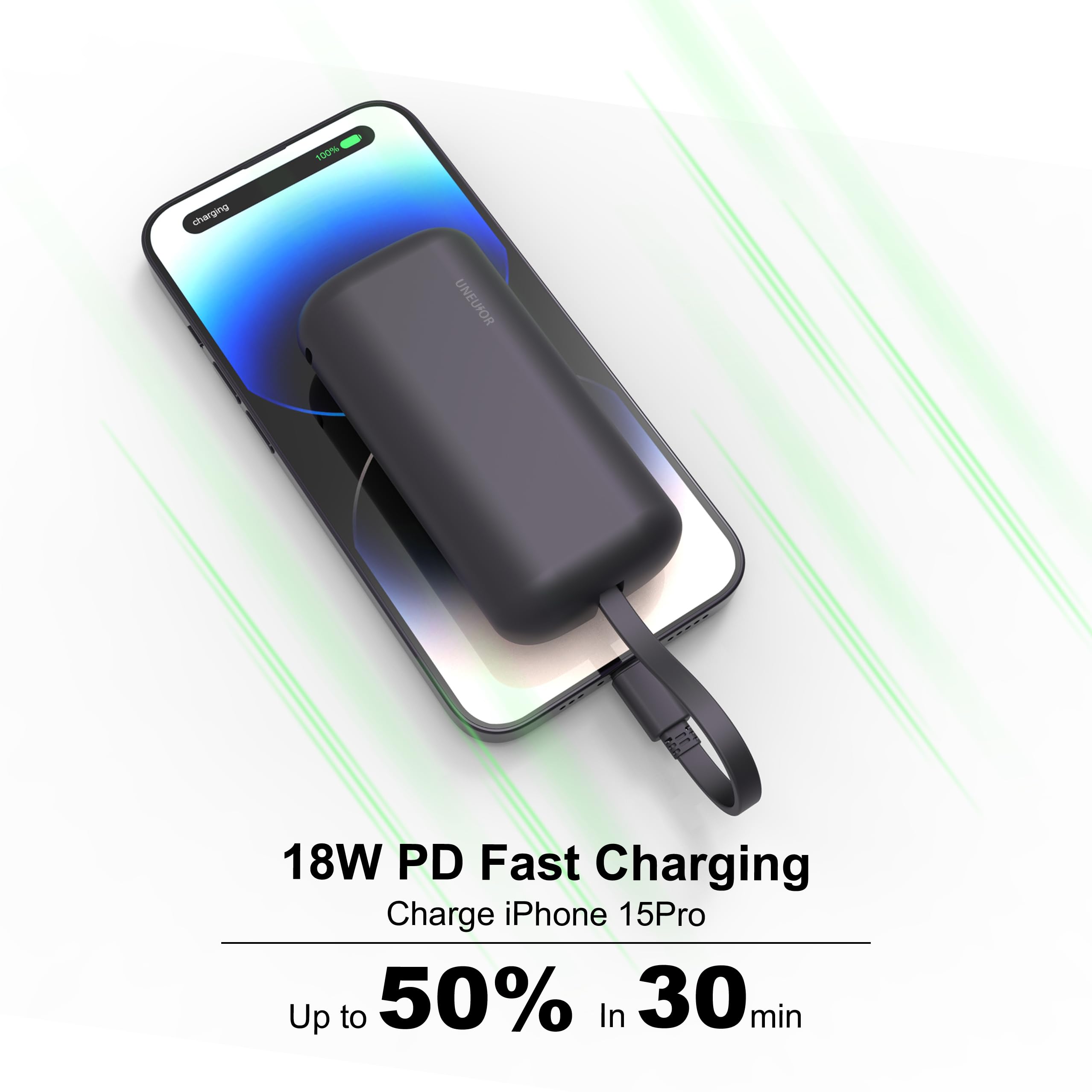 10000mAh Portable Charger with Built-in USB-C Cable - 18W PD Fast Charging Power Bank for iPhone 15/Pro/Plus, Samsung Galaxy S23/S22/S21 - Ultra Compact External Battery Pack for Travel, Camping & Emergency Charging (Black)