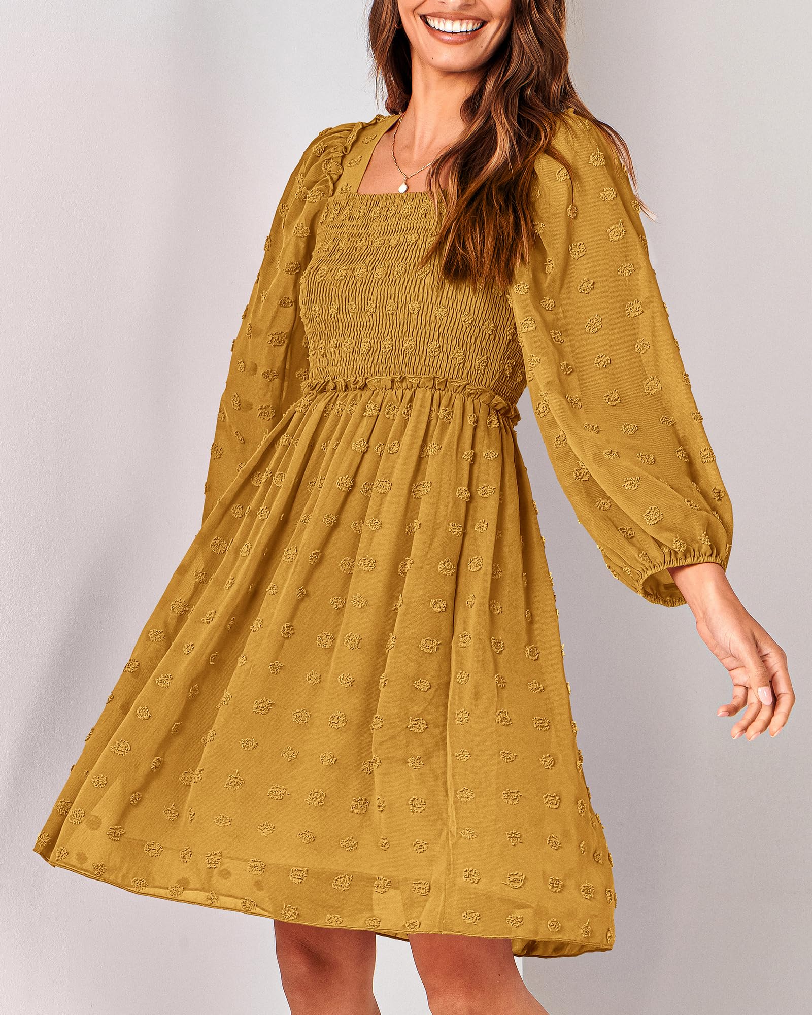 BTFBM Women's Floral Swiss Dot Smocked Mini Dress - Square Neck Long Sleeve Boho Dress for Wedding Guest, Spring & Summer 2025 | Perfect for Garden Parties, Bridal Showers & Date Nights