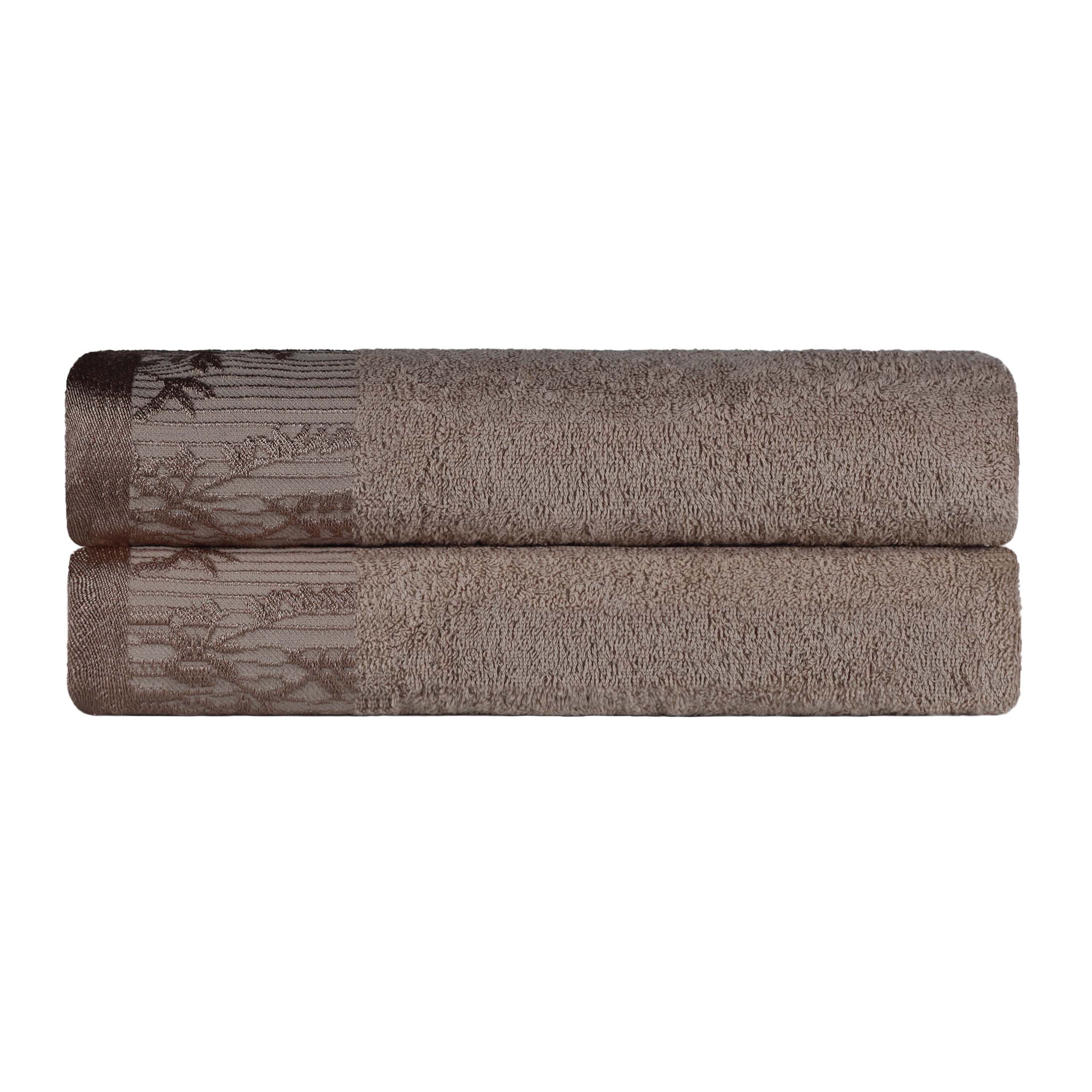 Premium Wisteria Cotton Floral Embroidered Jacquard Border Bath Towel Set of 2 - Soft Absorbent Luxury Towels for Spa, Bathroom & Guest Use
