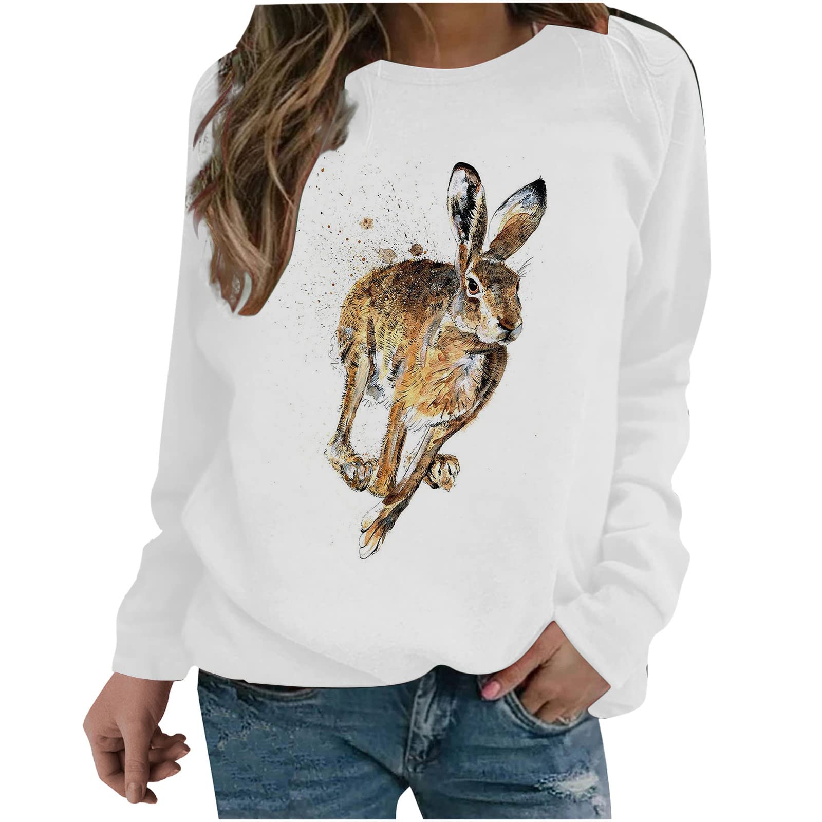 Women's Bunny Printed Long Sleeve Crew Neck T-Shirt - Easter Rabbit Graphic Blouse for Ladies - Perfect for Easter Celebrations, Spring Outfits & Casual Wear