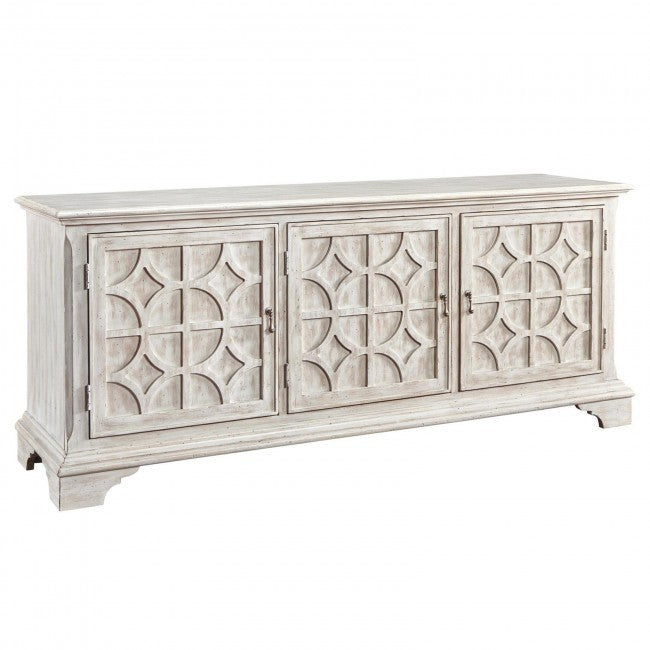 French Arched Carved Diamond Doors Buffet Sideboard - Whitewashed Solid Wood Dining Room Storage Cabinet 63