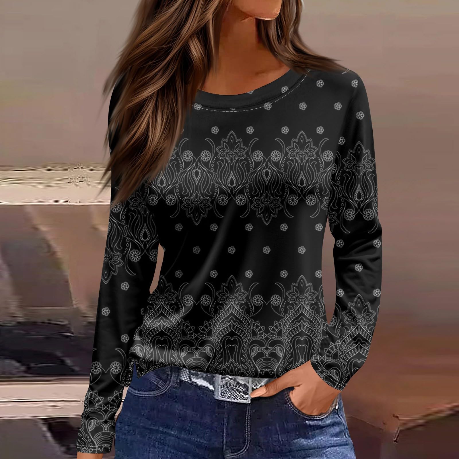 2024 Women's Long Sleeve Shirts - Loose Fit Casual Henley Neck Tunic Tops with Prints | Fall Fashion Essential for Work, Weekend & Layering