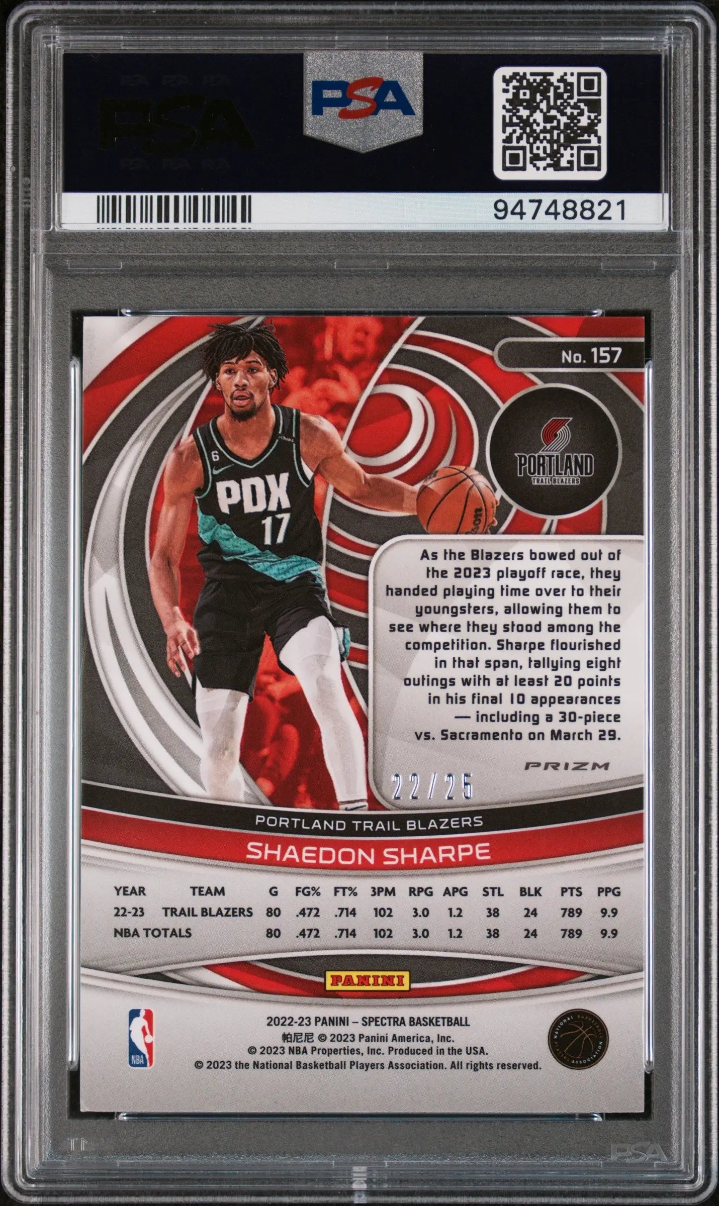 2022 Panini Spectra PSA 9 Shaedon Sharpe Rookie Card Meta Prizm 22/25 #157 - Basketball Trading Card for Collectors & Investors