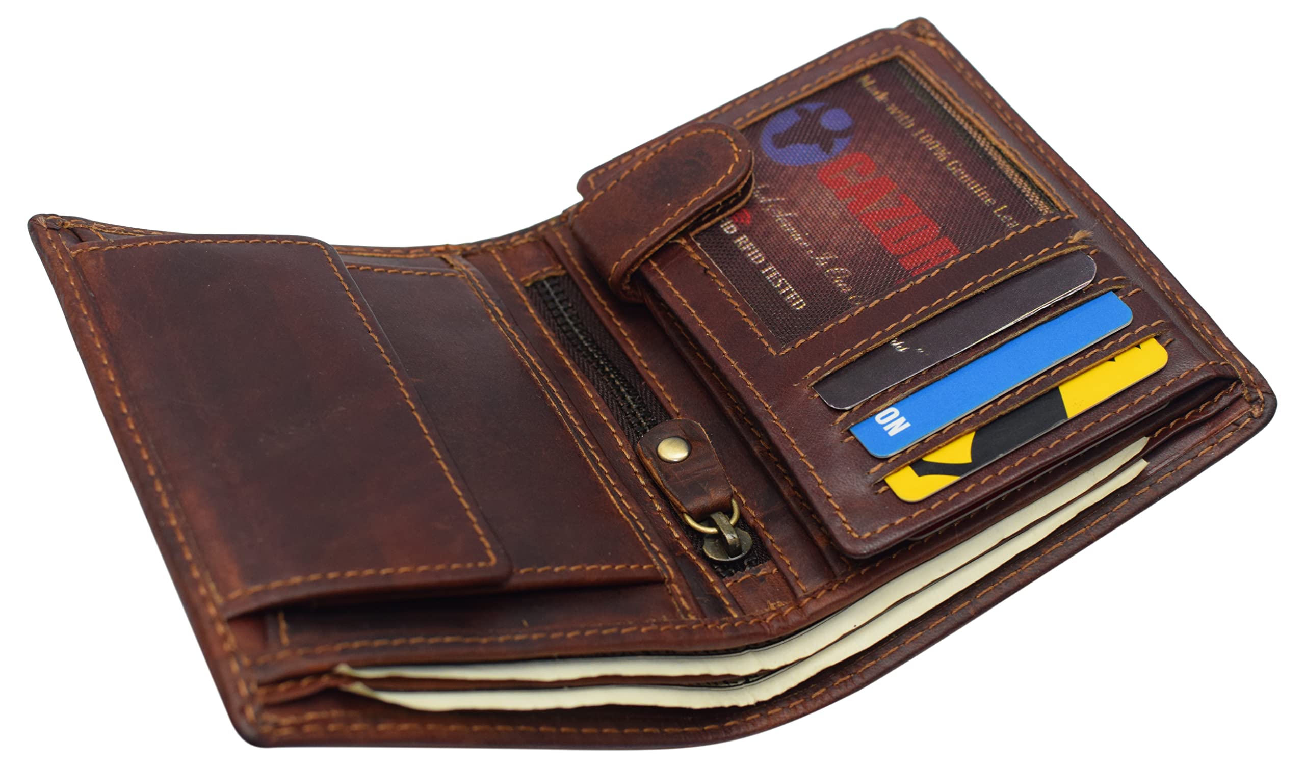 Genuine Vintage Leather RFID Wallet for Men - Bifold & Trifold Design with Snap Closure & 2 ID Windows - Large Capacity Card Holder (Vintage Brown) | Perfect for Everyday Use, Travel & Business