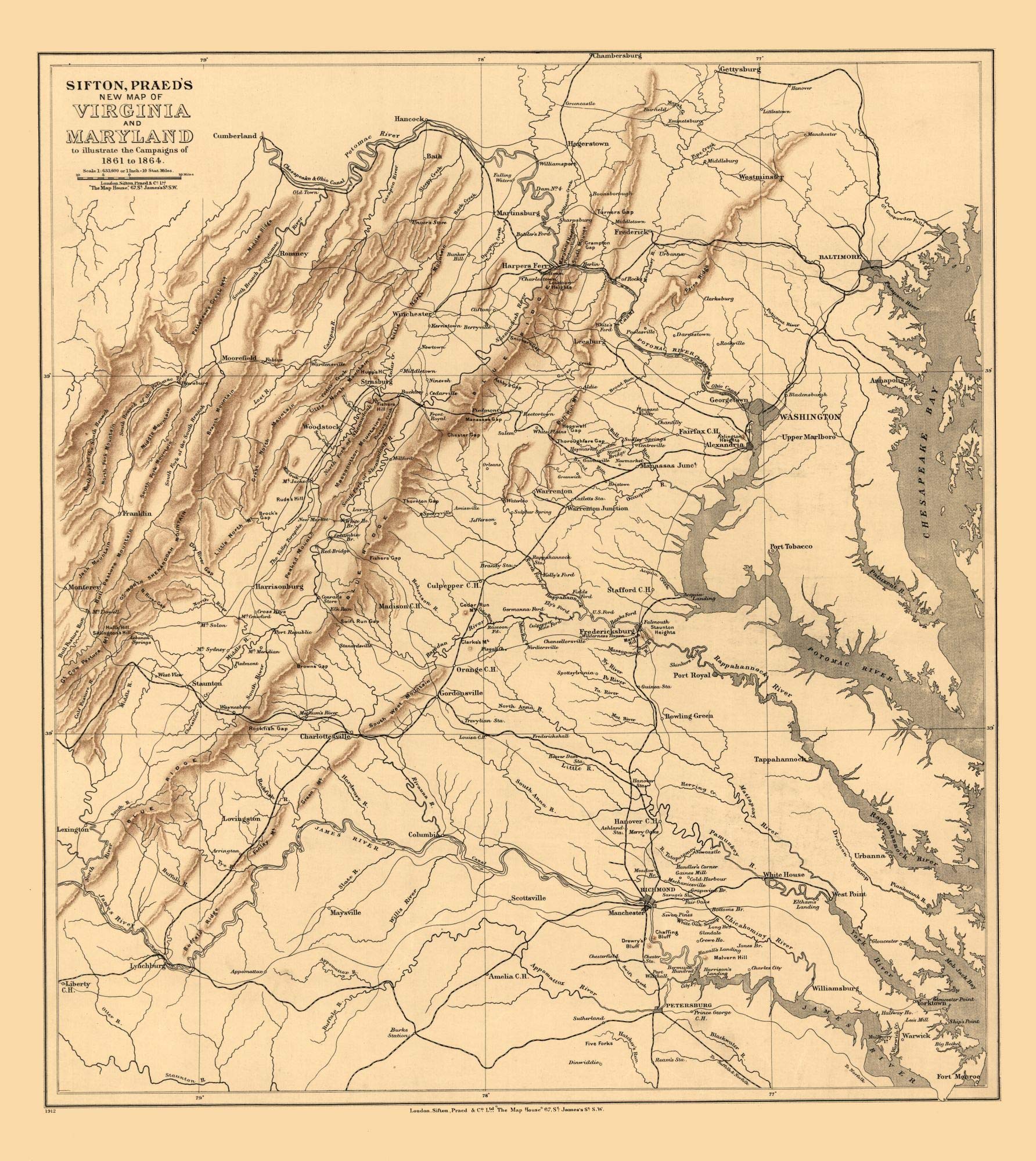 Vintage 1912 Civil War Map - Virginia & Maryland by Sifton | 23x25.79 Inch Matte Canvas Wall Art | Historical Home Decor & Gift for History Buffs