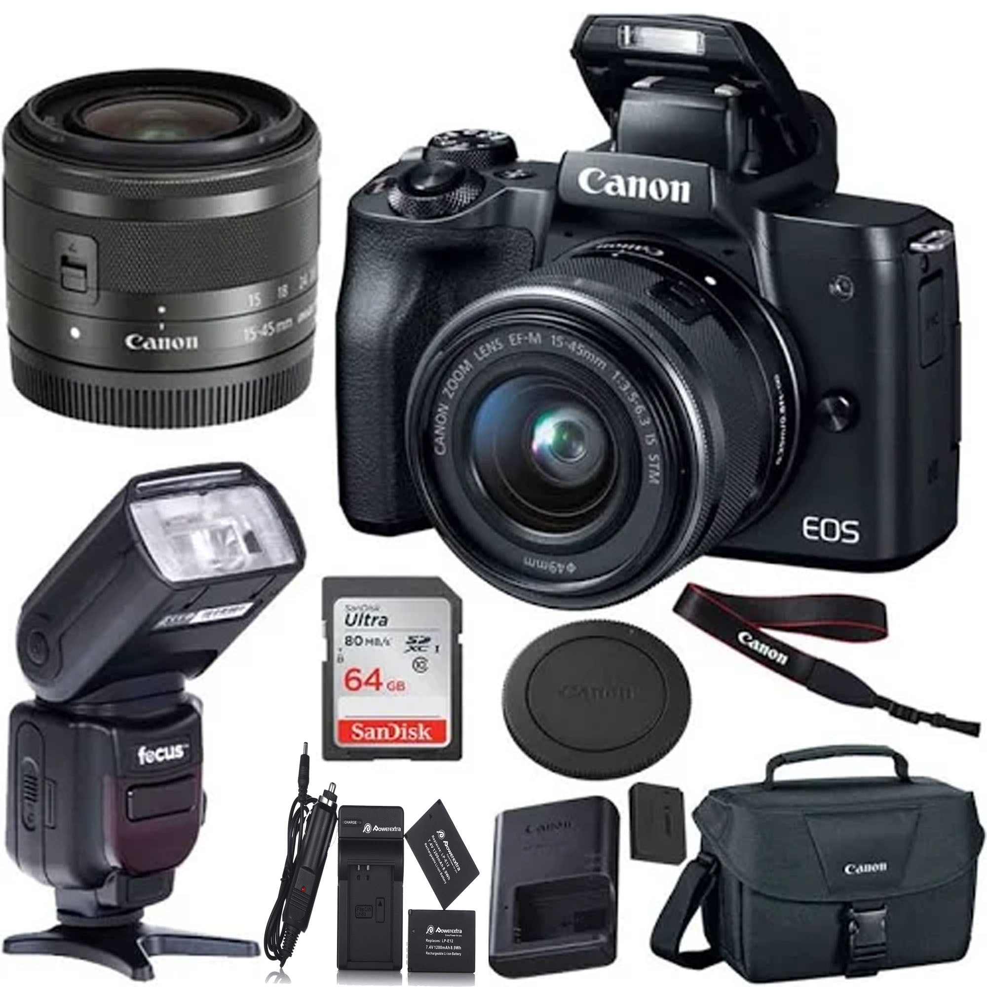 Canon EOS M50 Mirrorless Digital Camera with 15-45mm Lens (Black) - Professional Flash Bundle Kit for Vlogging, Photography & Travel