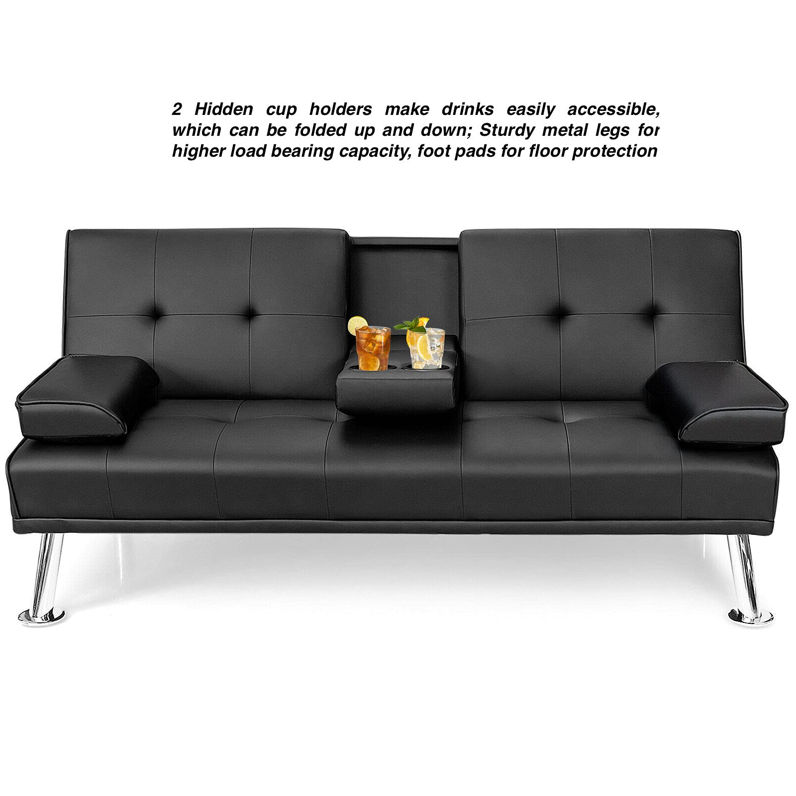 Convertible PU Leather Futon Sofa Bed - 3 in 1 Design with Adjustable Backrest, Metal Legs & Cup Holders | Perfect for Small Spaces, Guest Rooms & Home Offices | Black Modern Sleeper Sofa for Apartments & Dorms