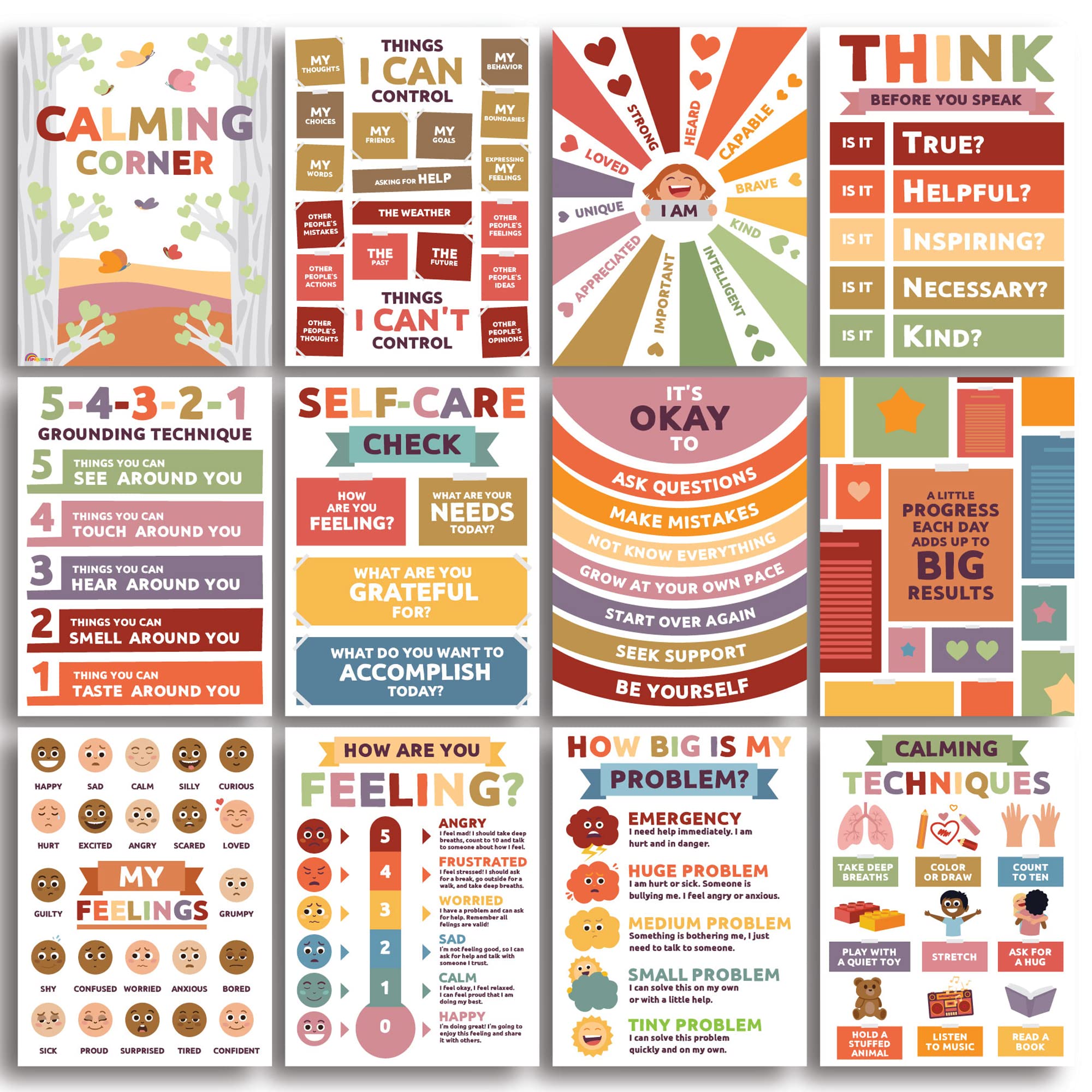Calming Corner Posters - 12 Pack Neutral Classroom Decor for Elementary, Middle & High School | Educational Wall Art for Stress Relief & Mindfulness | Perfect for SEL Spaces, Counseling Offices & Quiet Zones