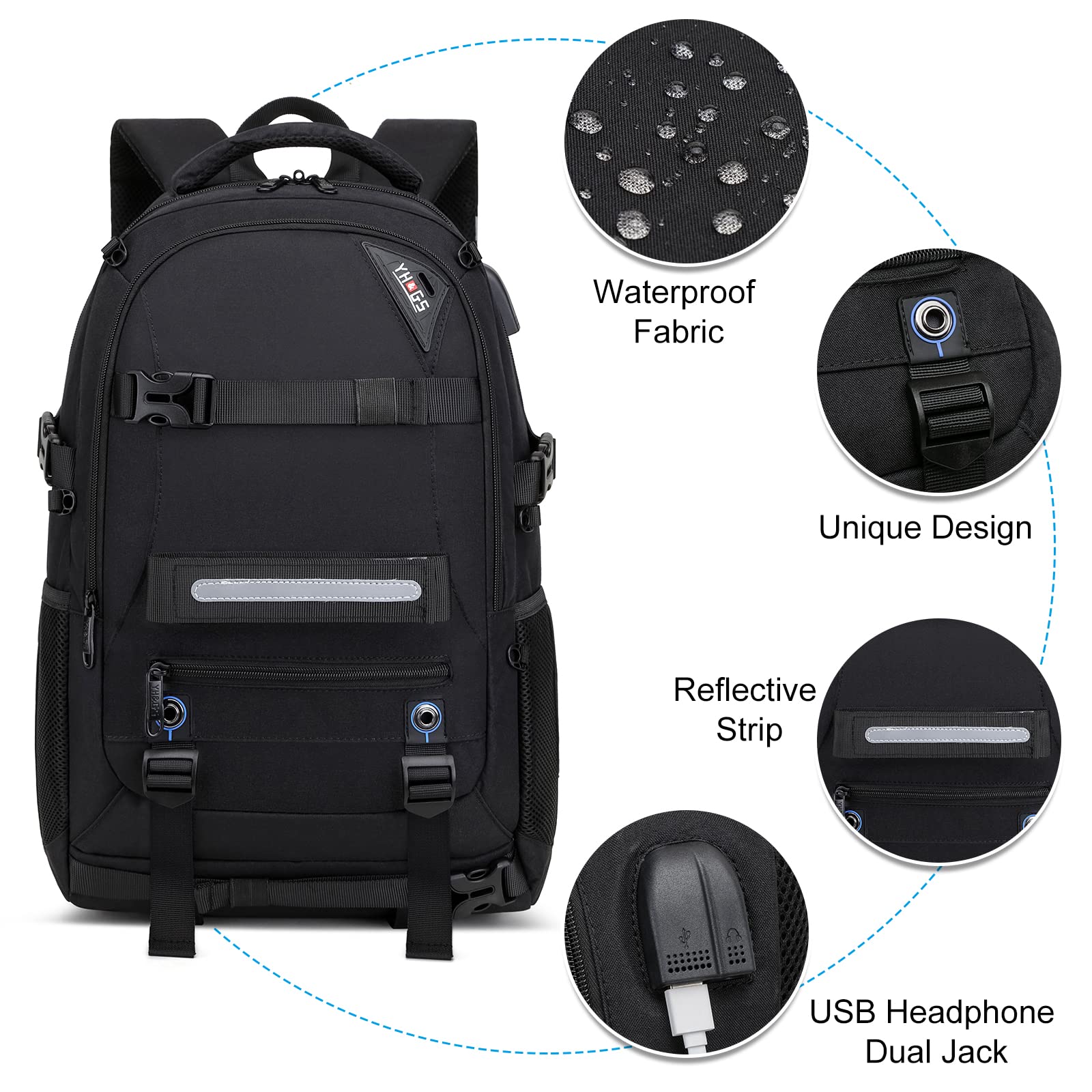 Skateboard Backpack for Men - Waterproof Laptop Backpack with USB Charging Port & RFID Anti-Theft Lock - Fits 15.6 Inch Laptop - Perfect for Business Travel, Commuting, and Outdoor Activities (Black)