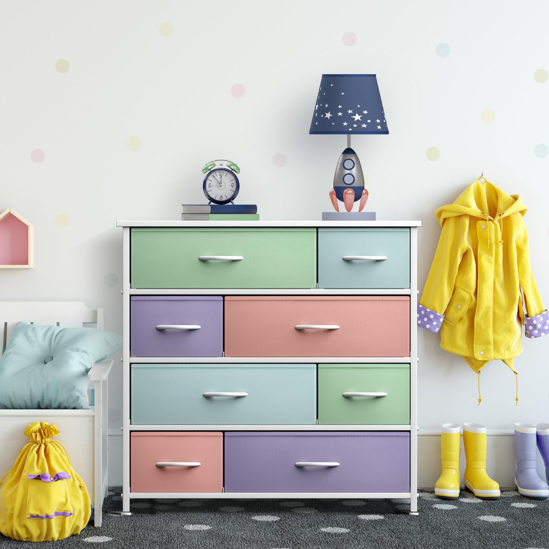 Sorbus 8-Drawer Dresser for Kids & Teens - Wooden Top & Steel Frame Storage Chest with Fabric Bins - Perfect for Bedroom, Nursery, Playroom Organizing Clothes & Toys (Pastel) | Space-Saving Kids Furniture & Toy Storage Solution