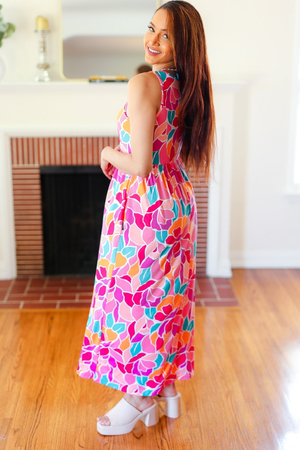 Elegant Fuchsia Abstract Floral Fit & Flare Maxi Dress for Women - Perfect for Summer Weddings, Beach Vacations & Special Occasions